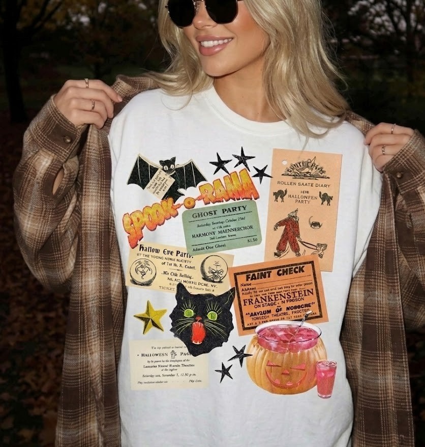 Retro Halloween Shirt Vintage Ephemera Spooky Season Cat Bat Tee