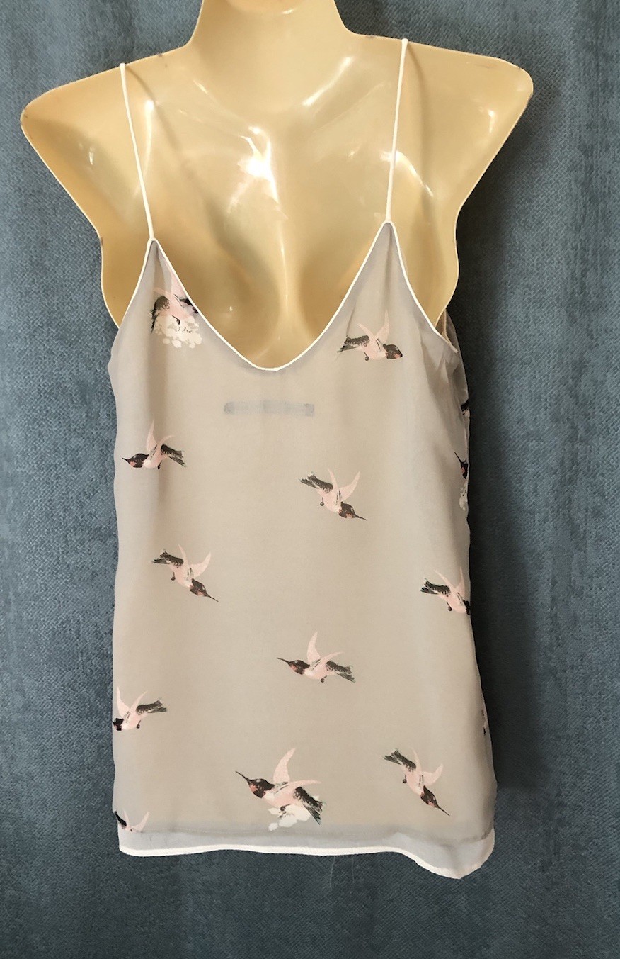 Zara Basic Chiffon Layered Tank Top Sz Small Gray Hummingbird Bird Print