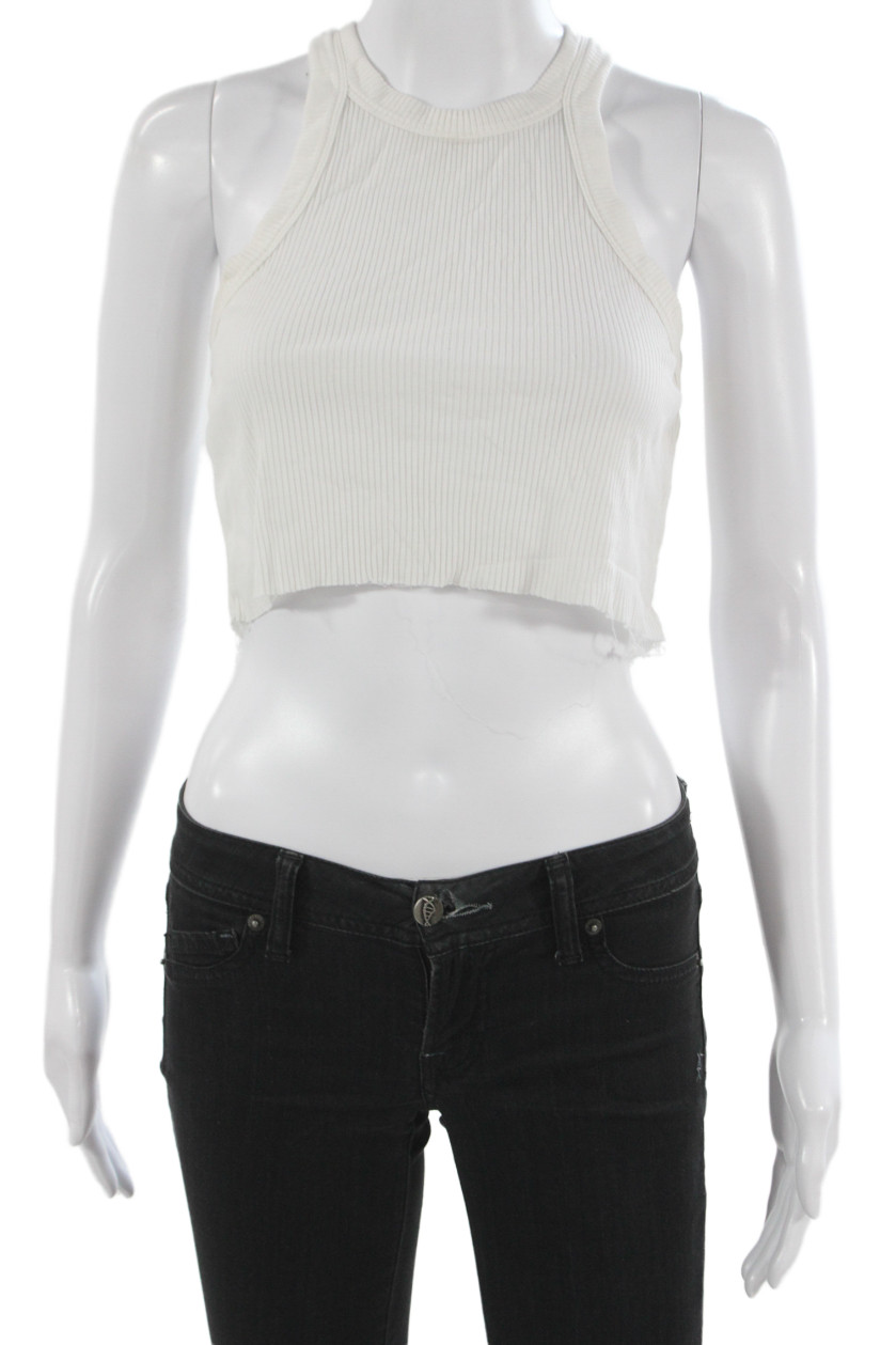 WSLY Women Cropped Sleeveless Tank White Polyester Blend Crew Neck Size M