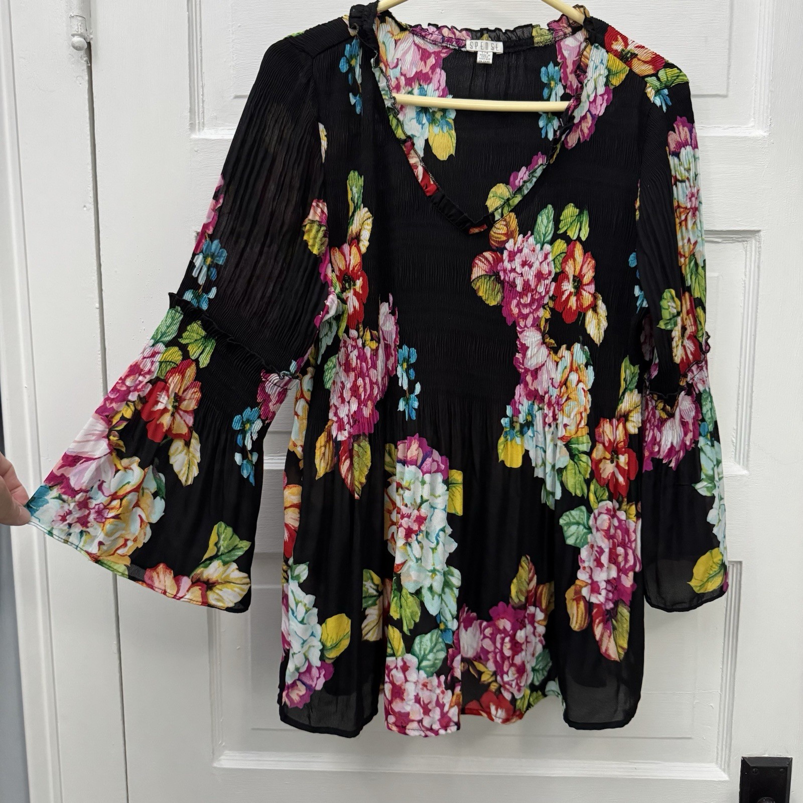 Spense Women’s L Black Floral Pleated Tunic Blouse Bell Sleeve Semi Sheer