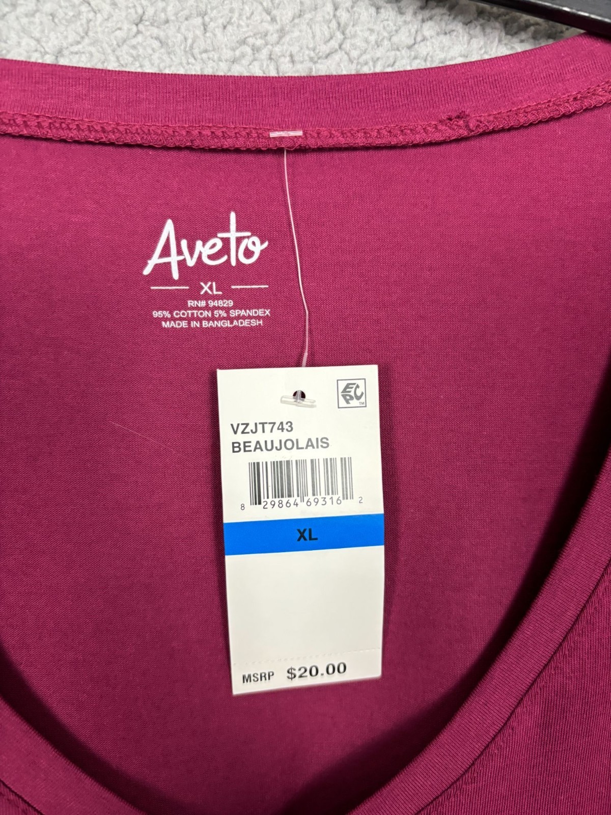Aveto Juniors’ XL V-Neck Long Sleeve Top Beaujolais Stretchy Cotton Blend NWT’s