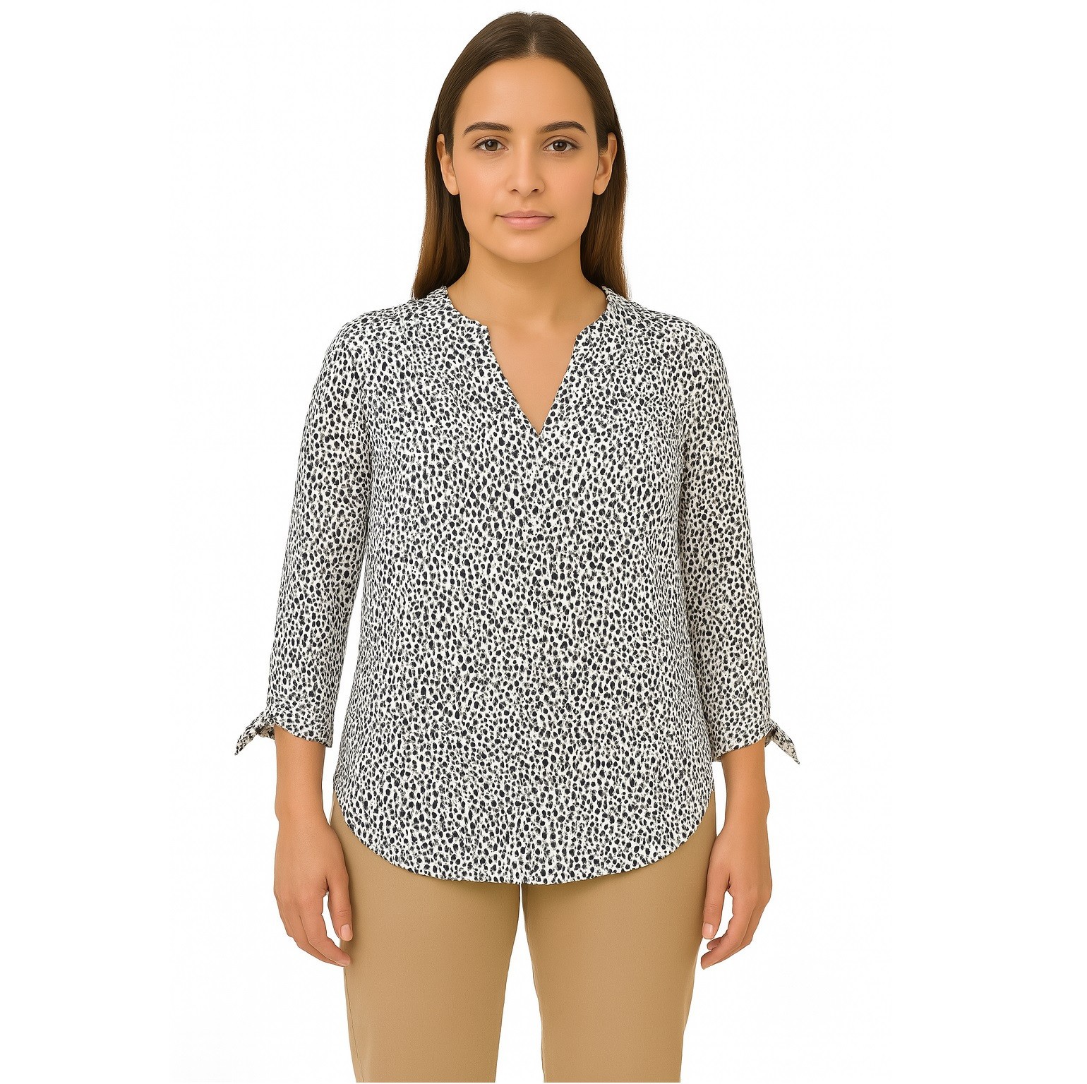 Ladies Geometric Pattern Blouse V Neck 3/4 Sleeves With Buttons