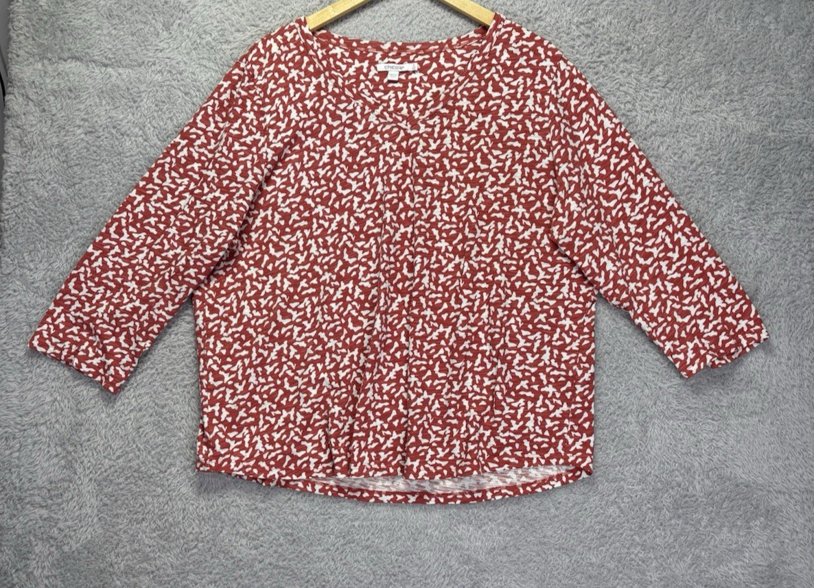 Chicos Dots V-Neck Top Womens Sz 4 XXL Coral White Slub Knit 3/4 Sleeve Career