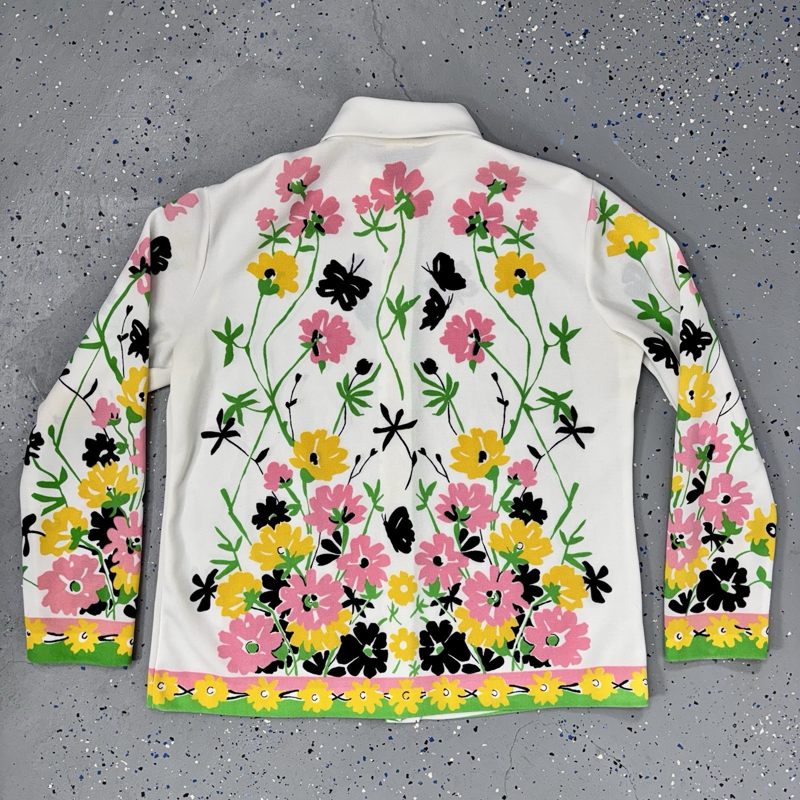 Vintage 70s Butterfly Floral Knit Button Up Blouse Long Sleeve Dagger Collar 1X