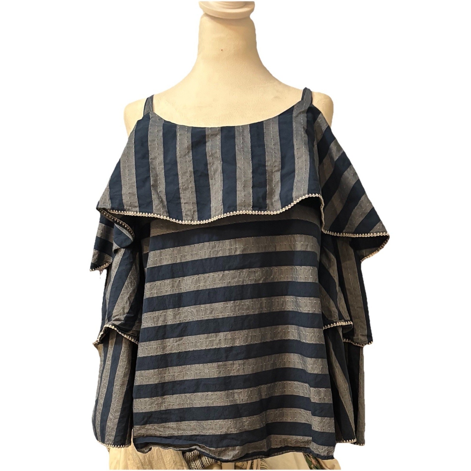 I N C International Concepts Tiered Sleeve Off The Shoulder Blouse Sz Lg Blue