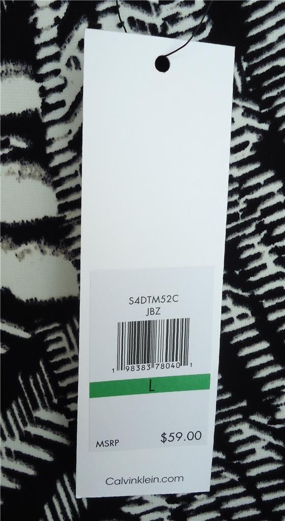 CALVIN KLEIN BLACK WHITE GEOMETRIC PRINT V-NECK SHORT SLEEVE TOP SIZE L NWT $59