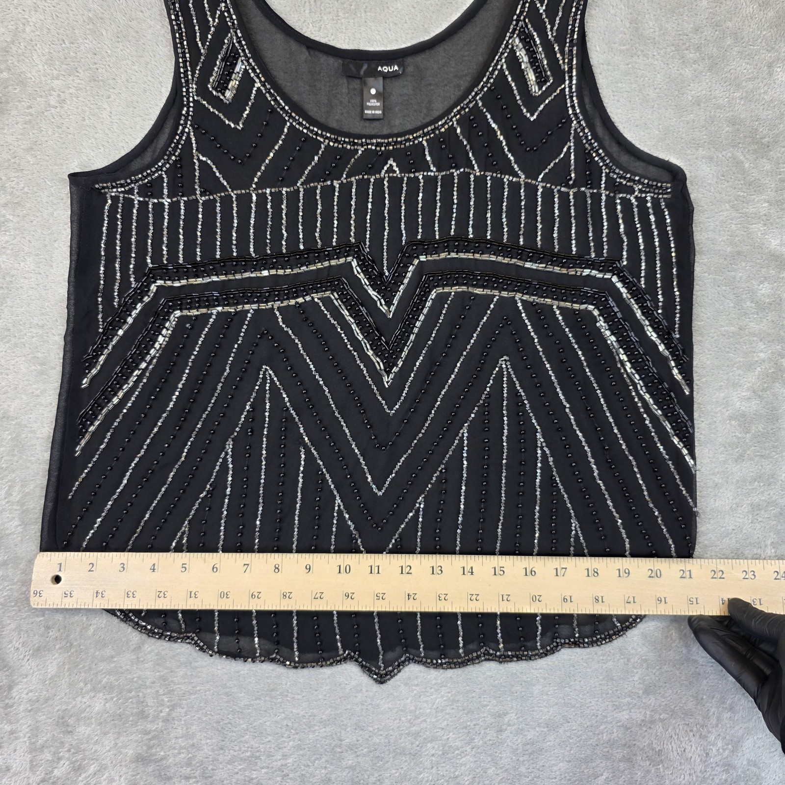 Aqua Tank Top Womens Large Black Beaded Geometric Sheer Chiffon Party Cami