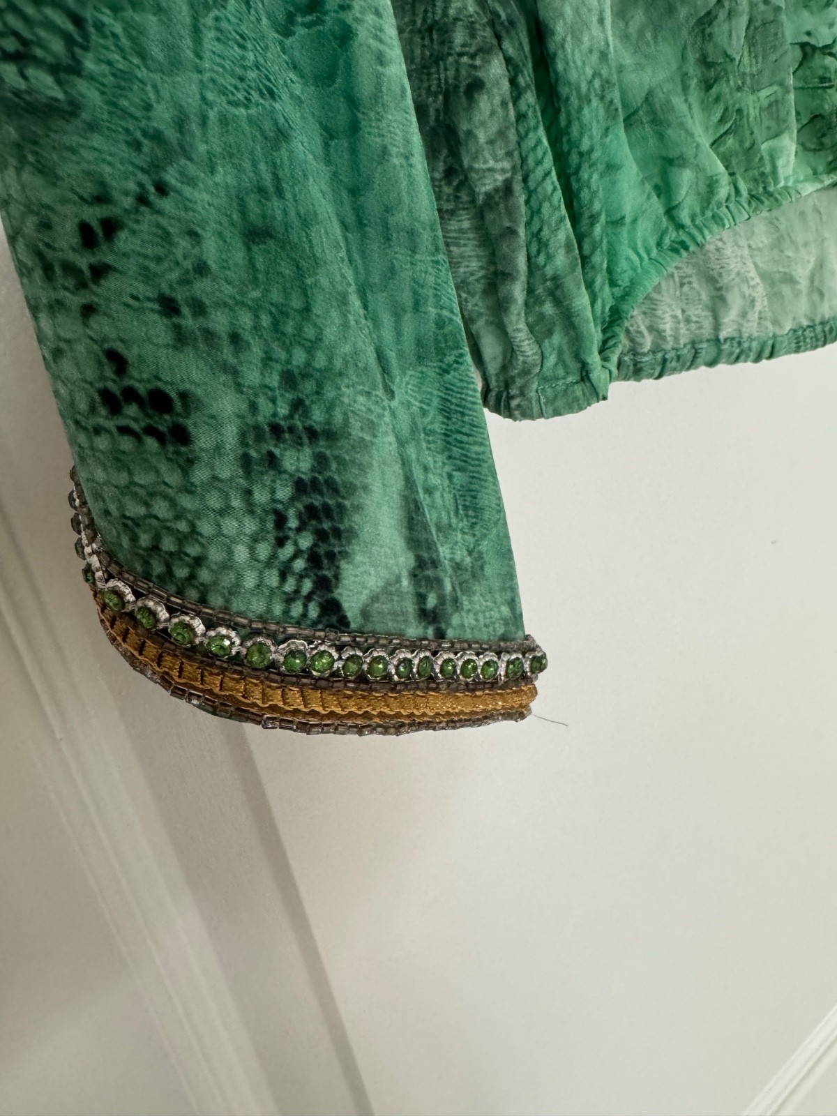 Taj By Sabrina Crippa Beaded Rhinestone Gold Green Blouse size XS