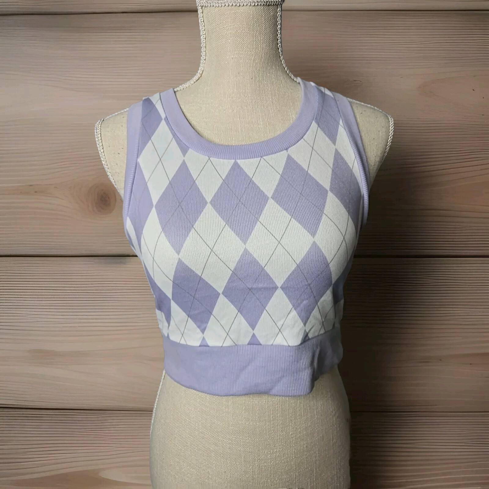 SHEIN EZwear Argyle Pattern Tank Top In Size Medium | Purple And White Diamond.