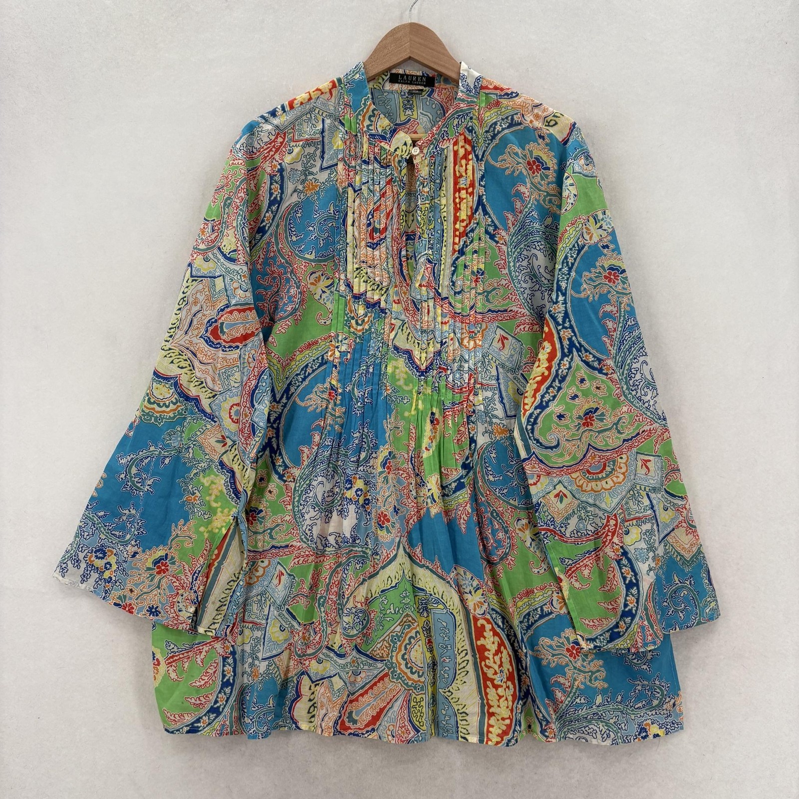 Lauren Ralph Lauren Blouse Womens 2X Plus Paisley V Neck Bell Sleeve Tunic Boho