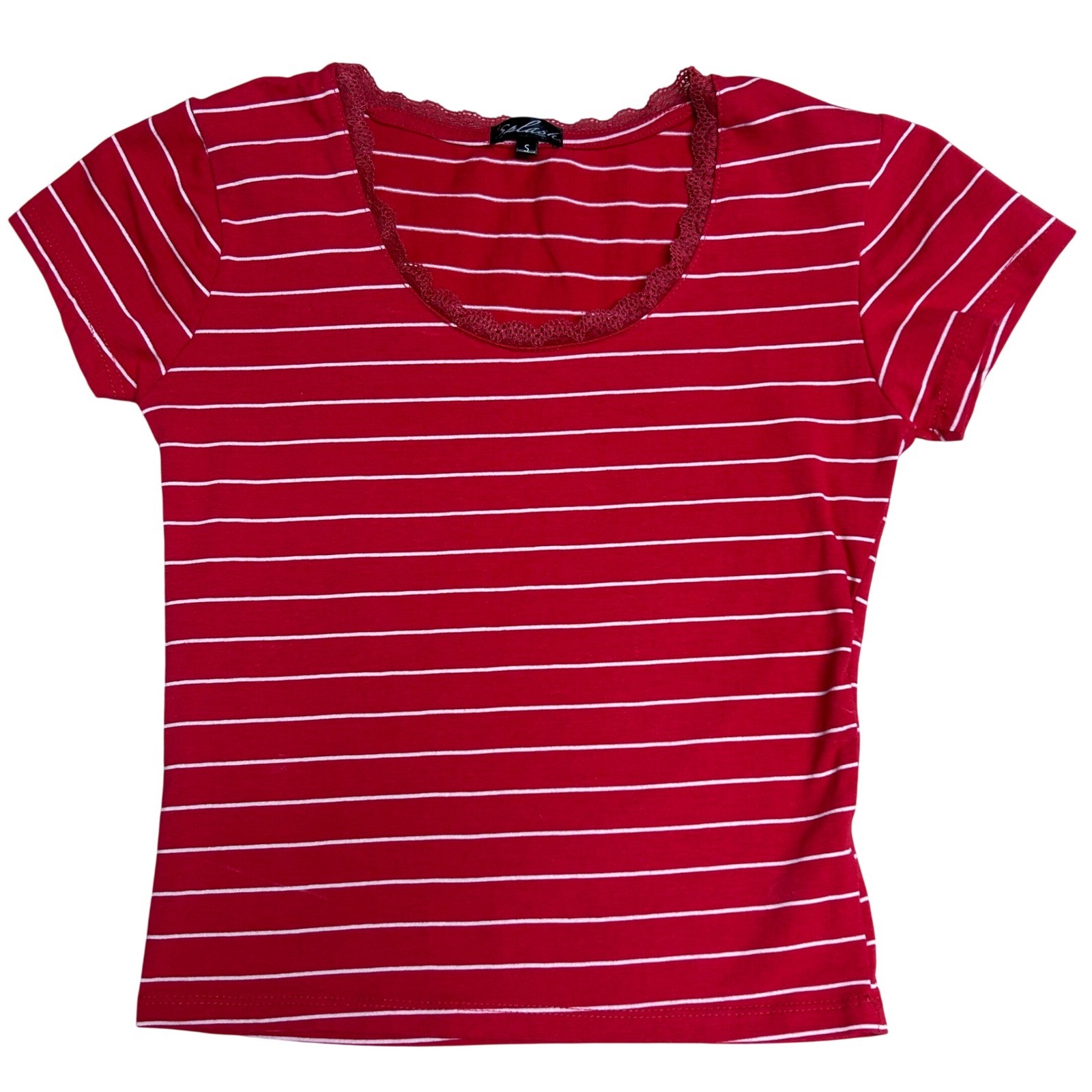 Americana USA Nautical Vacation Ocean Red White Striped Lace Trim Scoop Neck