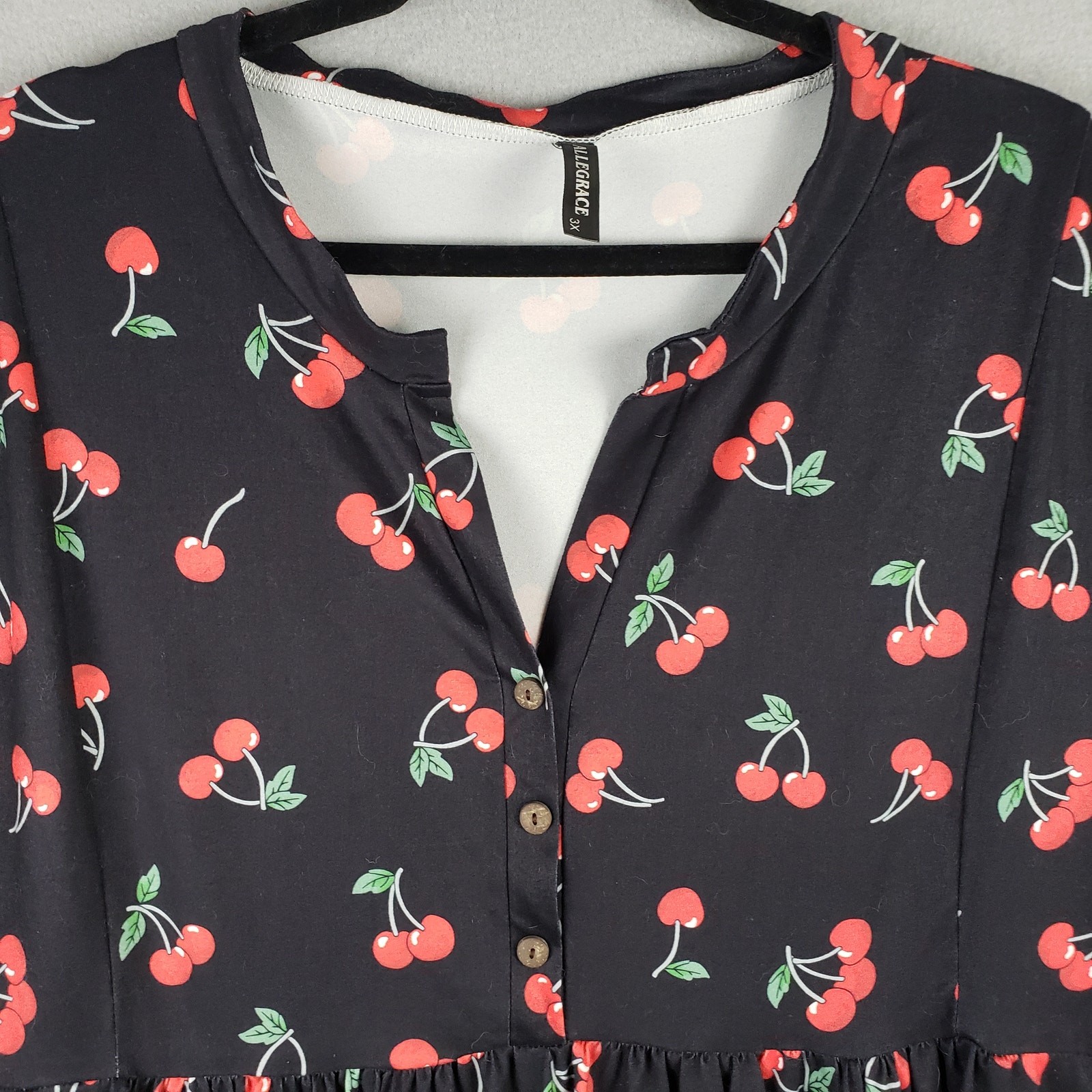 Allegrace Size 3X Cherry Print Babydoll Top Black Red Kawaii Pinup Rockabilly