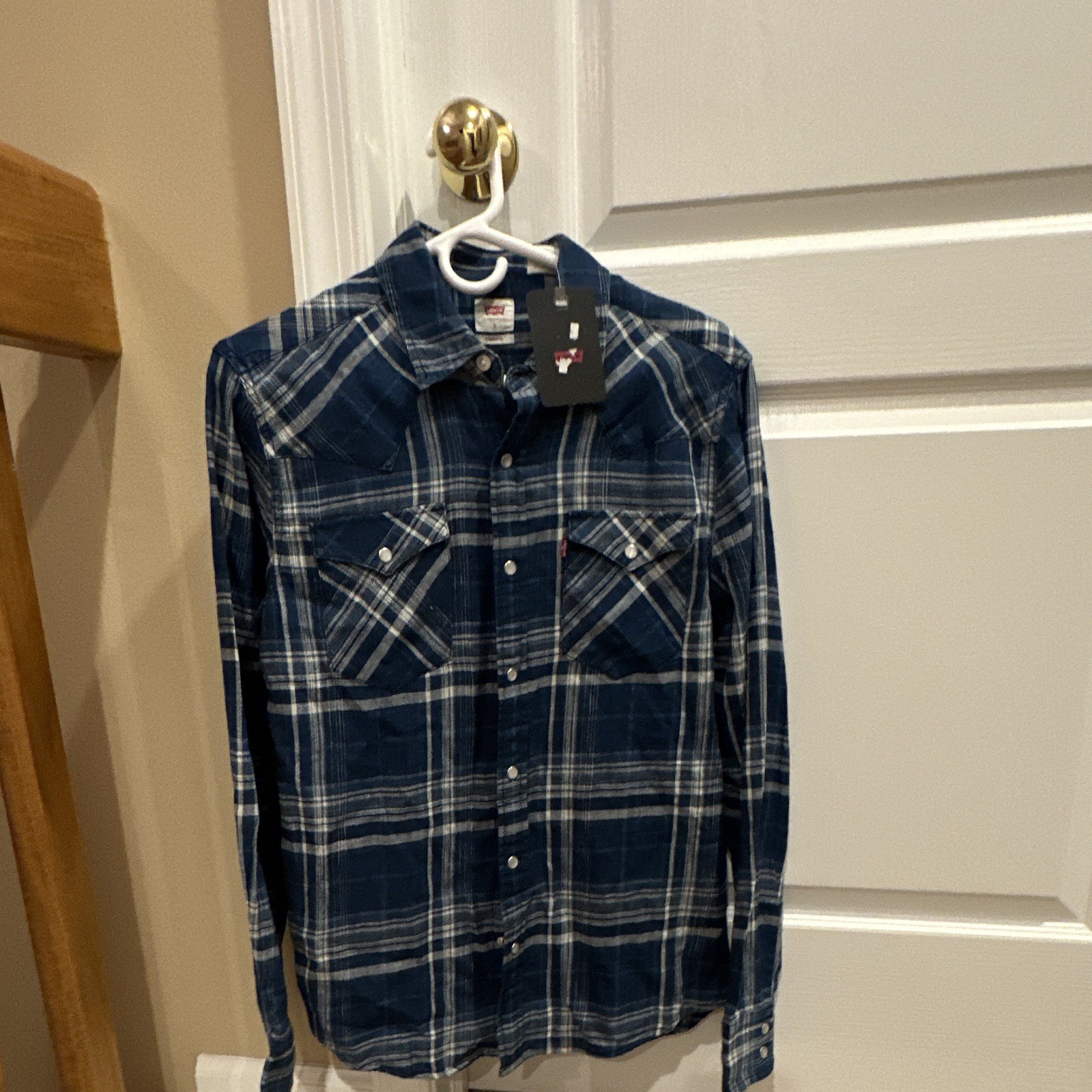 Levi’s Women’s S Blue/White Plaid Cotton Flannel Collared Long Sleeve Shirt