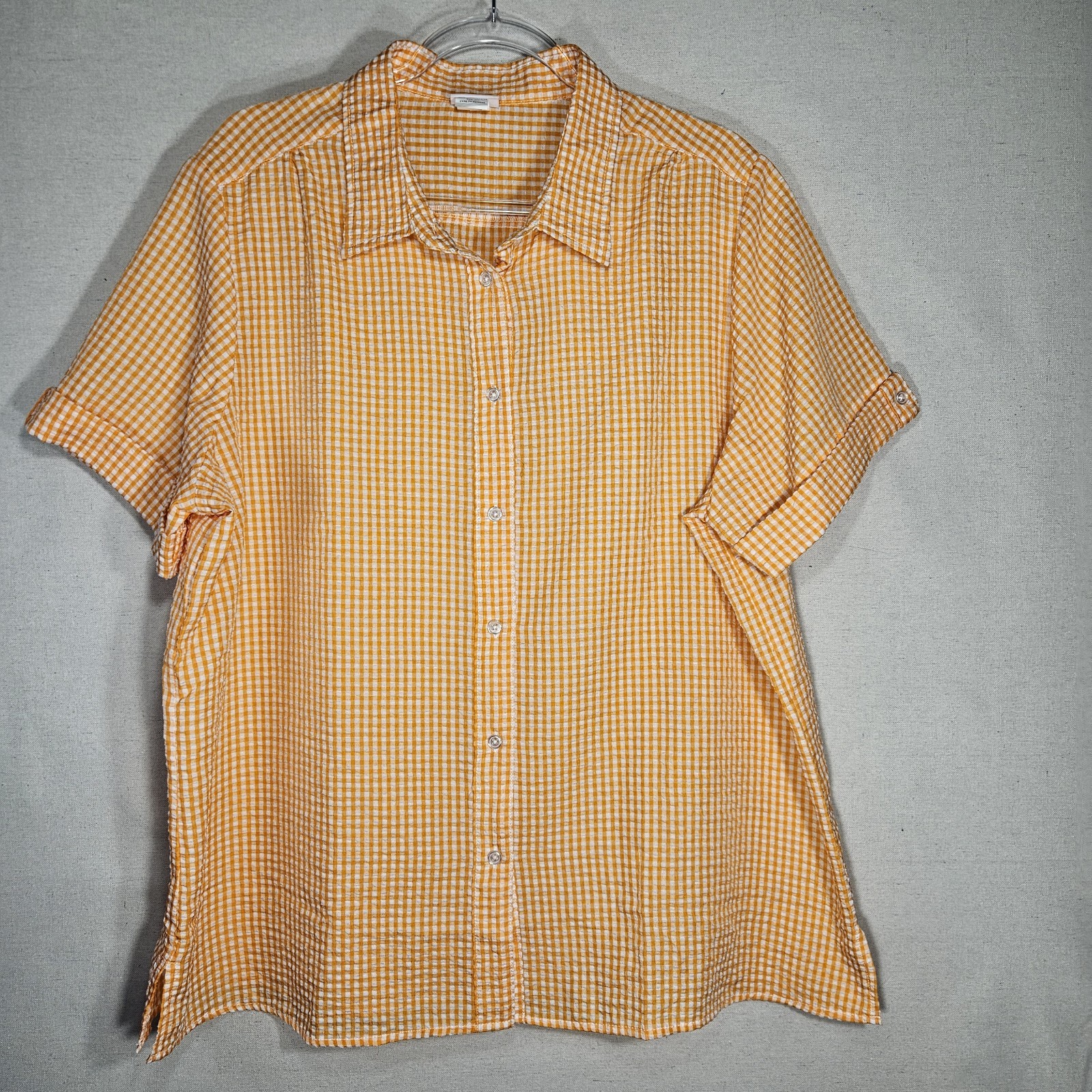 American Sweetheart Women’s 2XL Orange and White Gingham Seersucker Blouse Vtg