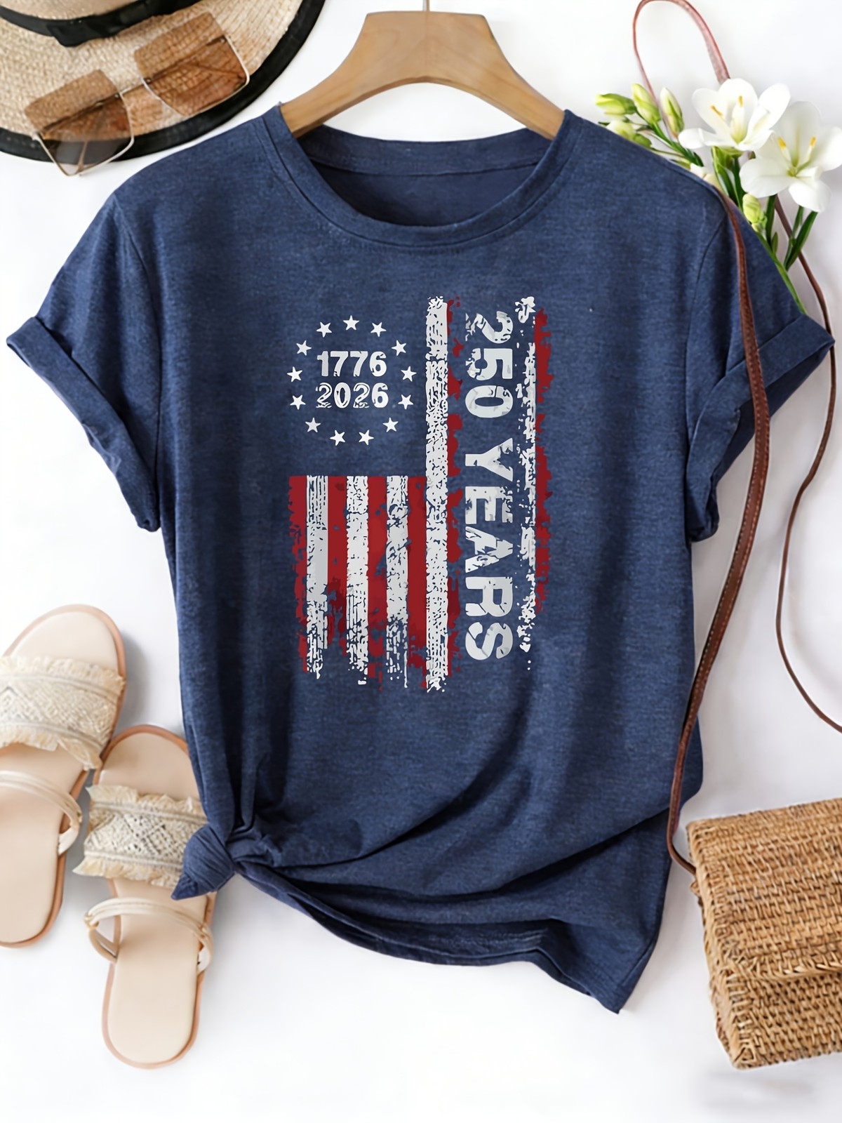 Women 1776 American Flag 250 Years Celebration Short Sleeve Round Neck T-shirt ❀
