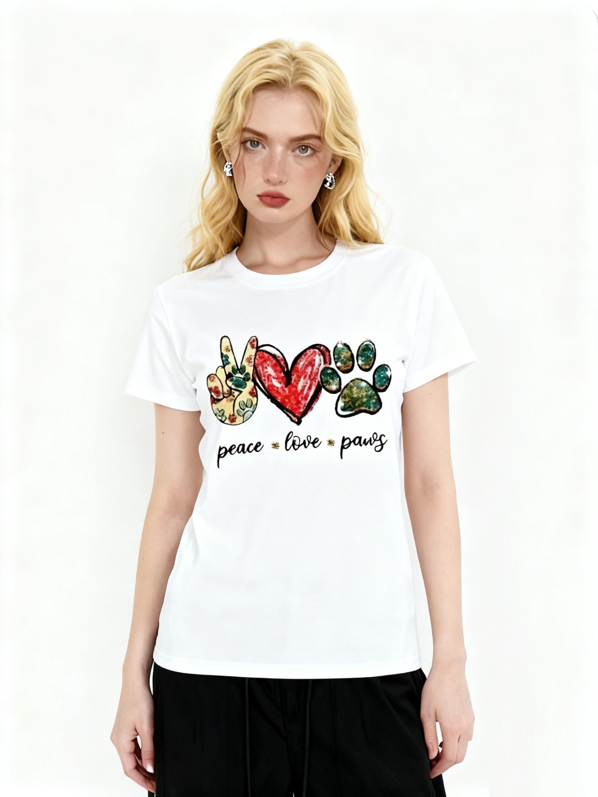 Women Peace Love Paws Graphic T-Shirt Peace Sign Heart Dog Paw Print Casual Tee