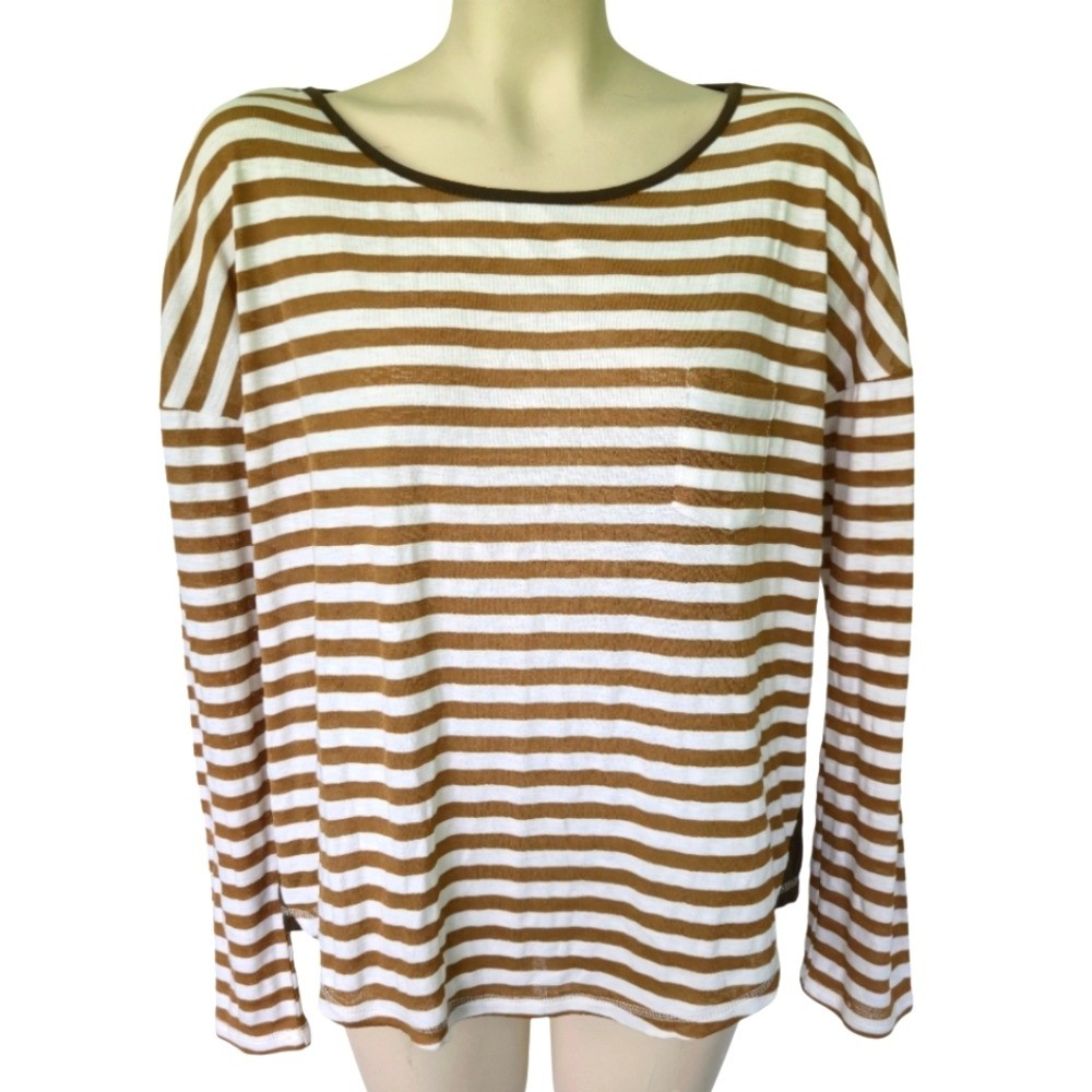HEM&THREAD Cotton Stretch Striped Long Sleeve Tee With Contrast Cream Tan Large