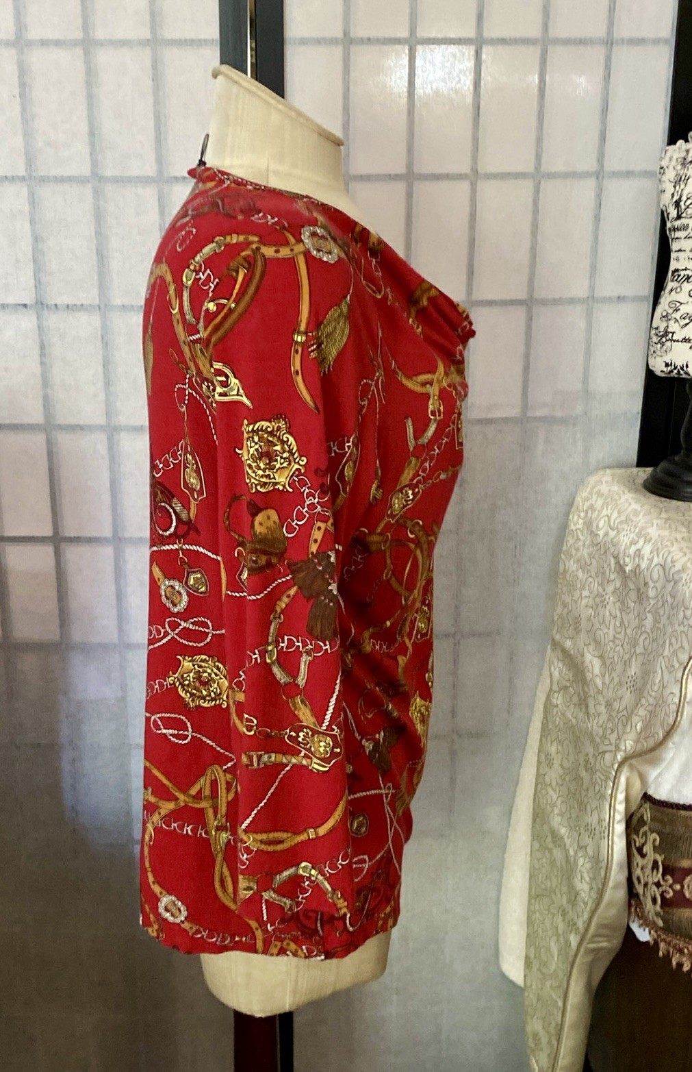 Talbots Wom M Waterfall Neck Blouse-Classic Designer Print-Jewels/Chains/Tassels