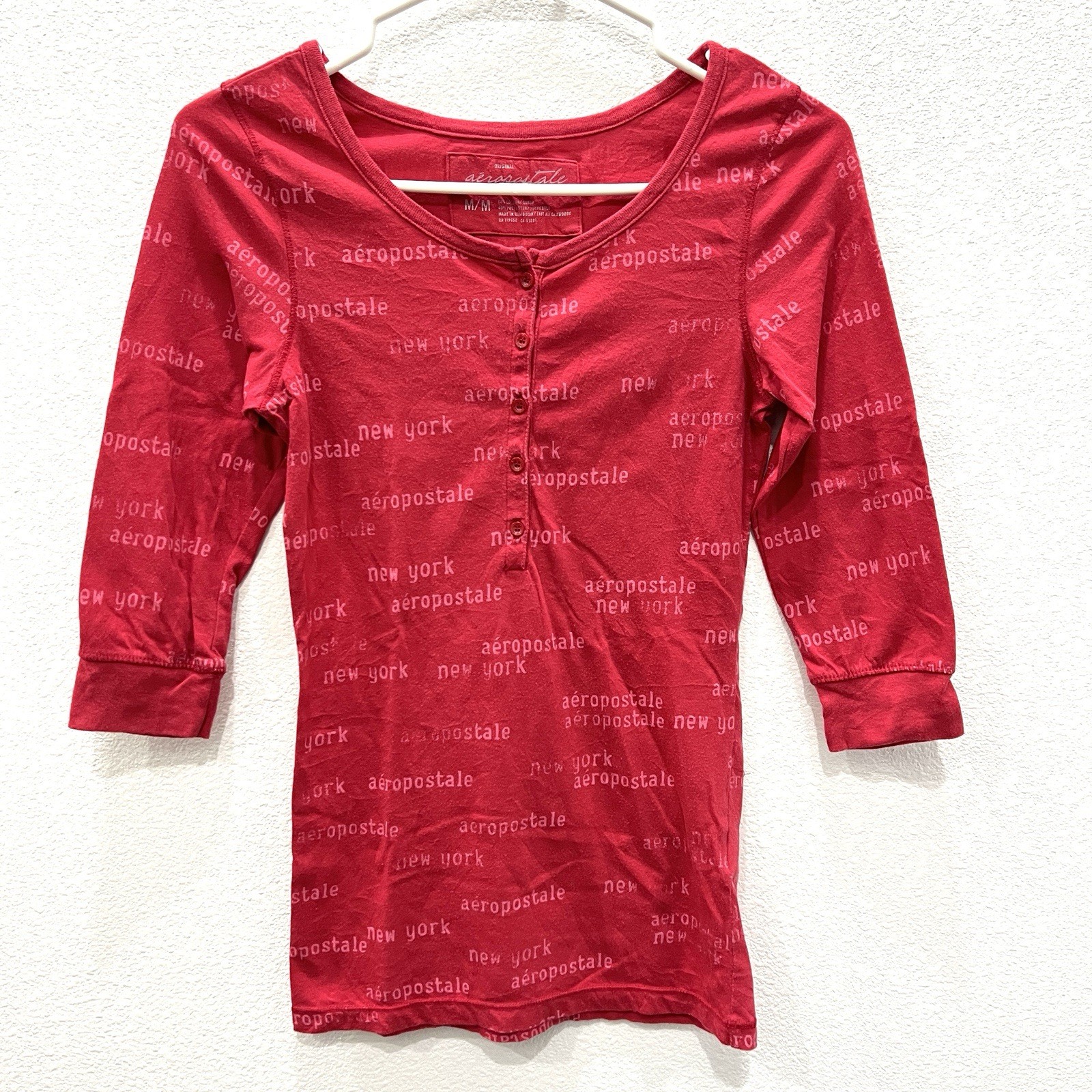 Aeropostale Vintage Y2K Womens All Over Print Henley Top Bella Swan Spell out