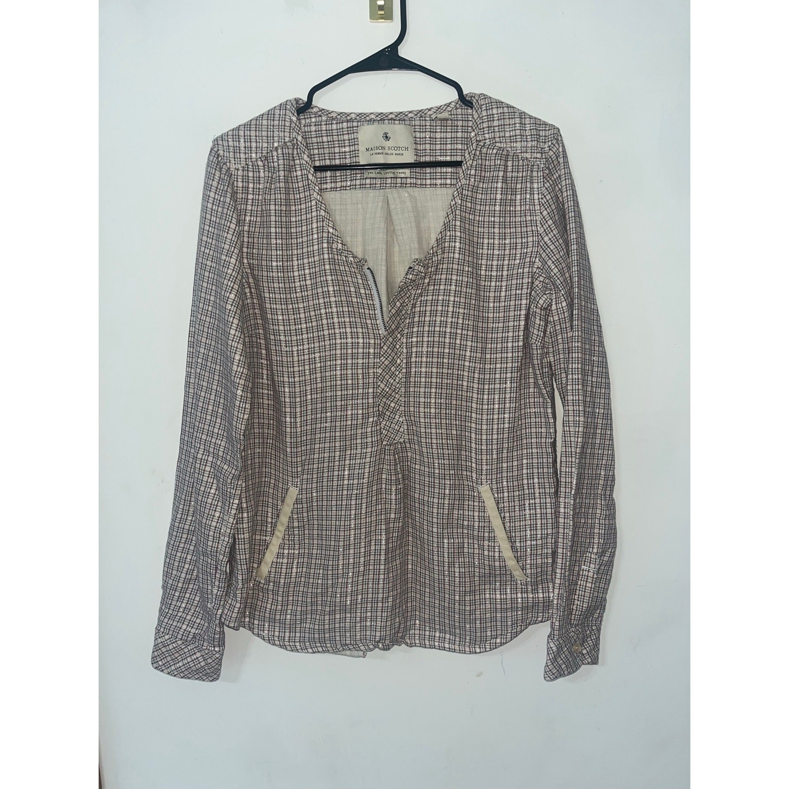 Madison Scotch Quarter Zip Neutral Plaid Cotton Top Sz 3