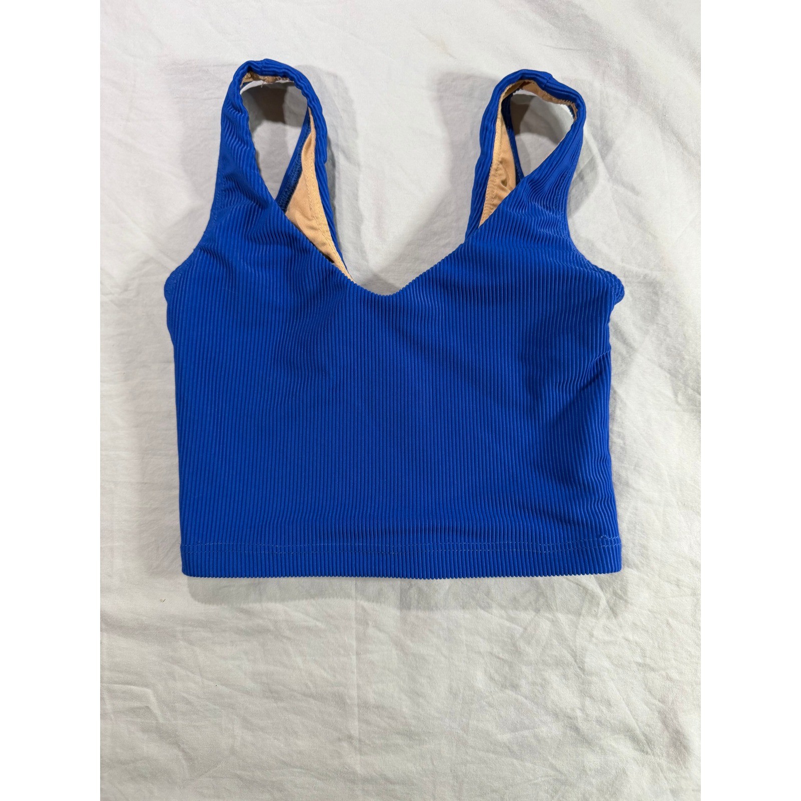 Womens Royal Blue Ribbed V-Neck Crop Tank Top Lined Sleeveless Small D-454