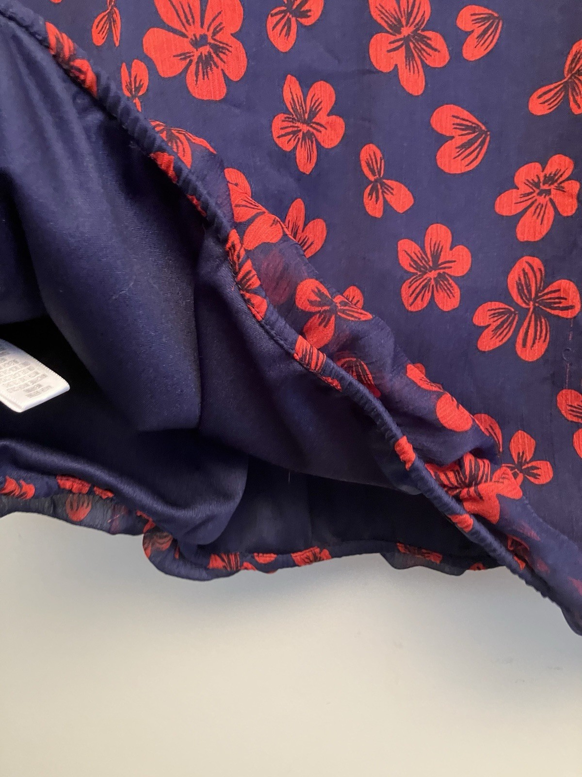 emily d Blouson Elastic-Waist Blouse Navy/Red Print Sheer 3/4 Sleeves Size XL