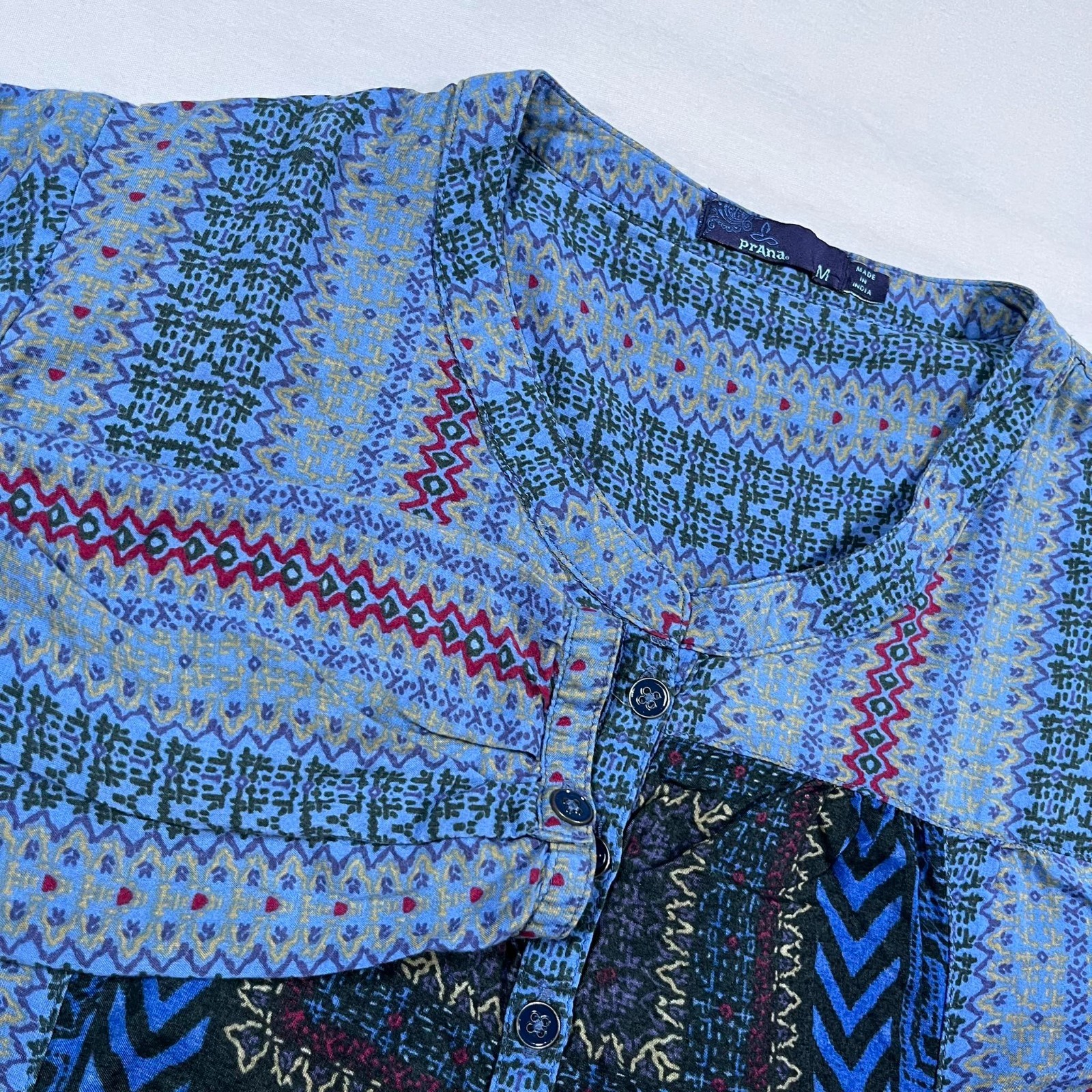 Prana Women’s Blue Green Red Long Sleeve Boho Style Shirt Sz. M