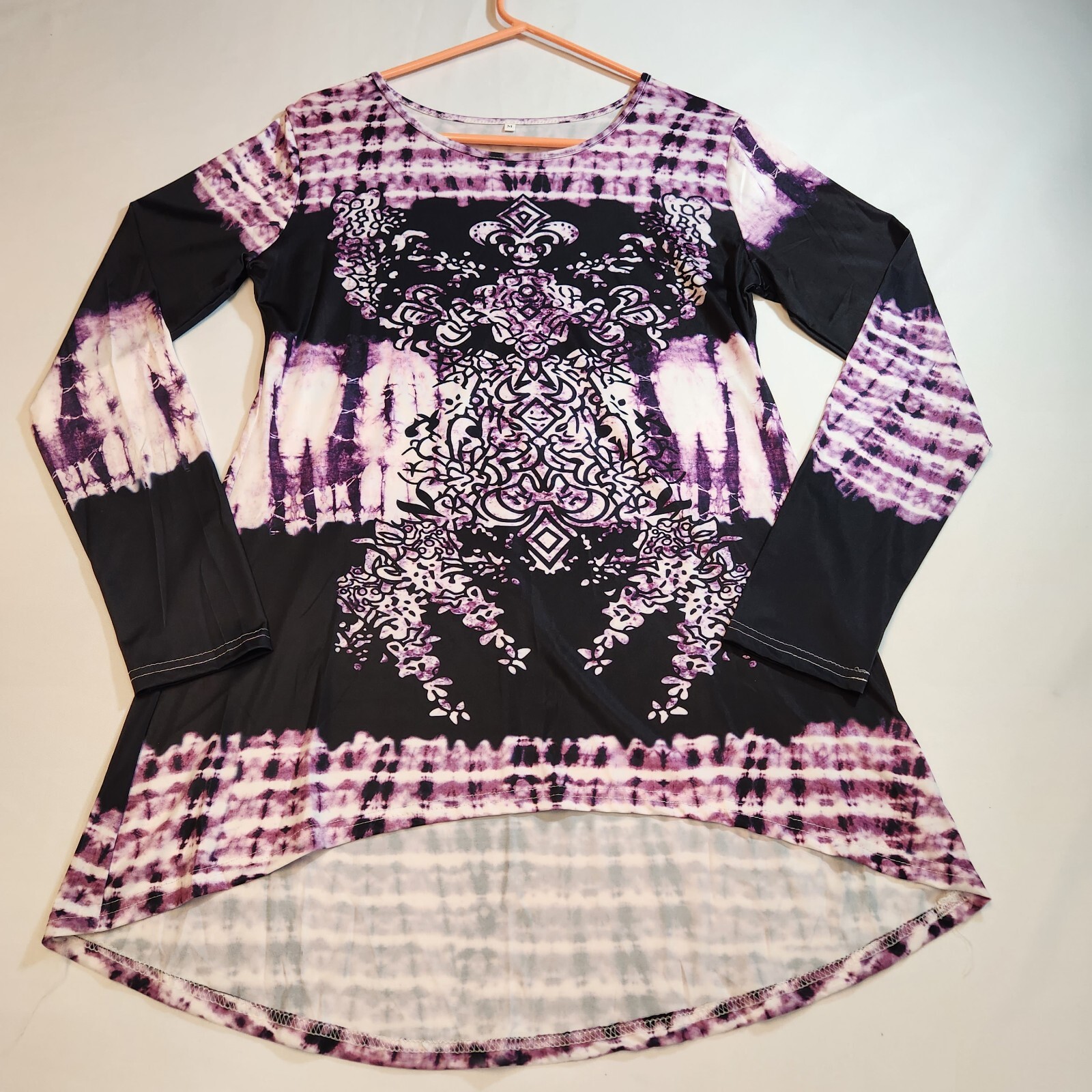Floral Tie-Dyed Hi-Lo Womens Top Shirt O-Neck Long Sleeve Size Medium Purple