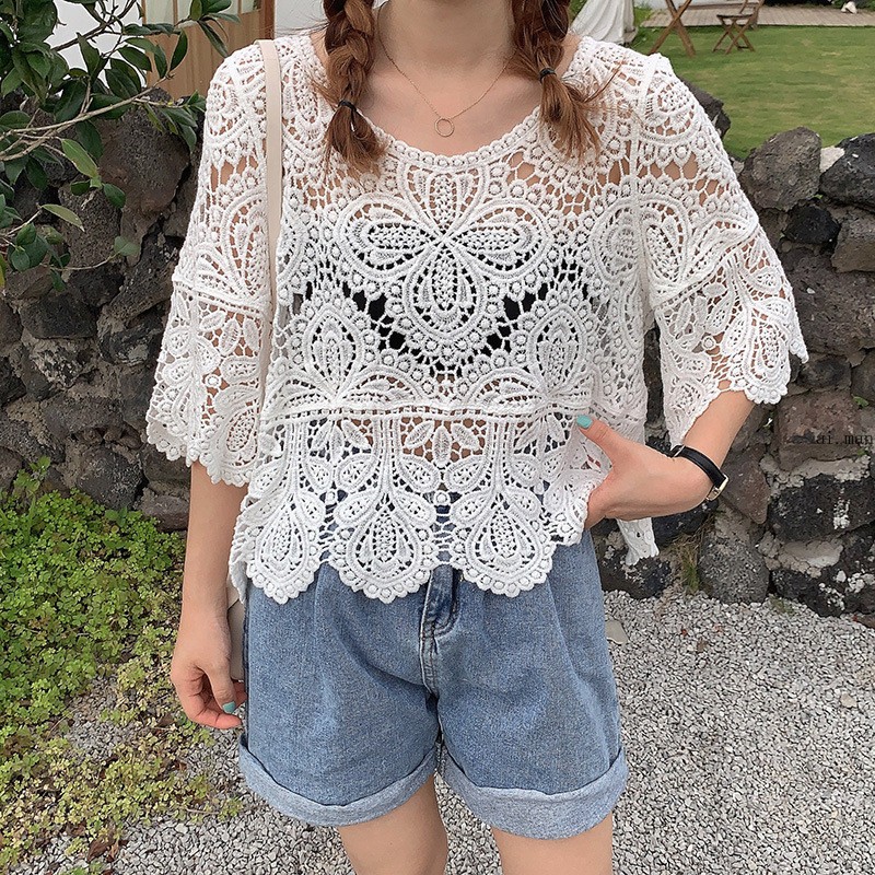 Women Crochet Crop Top Half Sleeve Hollow Bolero Shrug Shawl Sun Protection Top