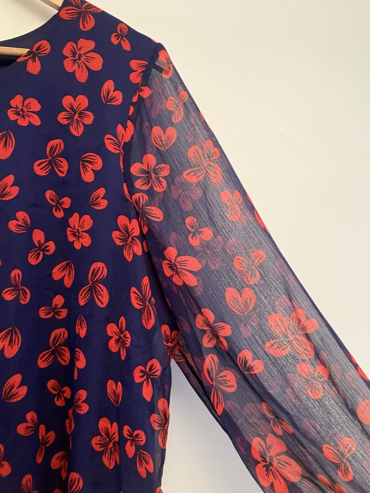 emily d Blouson Elastic-Waist Blouse Navy/Red Print Sheer 3/4 Sleeves Size XL
