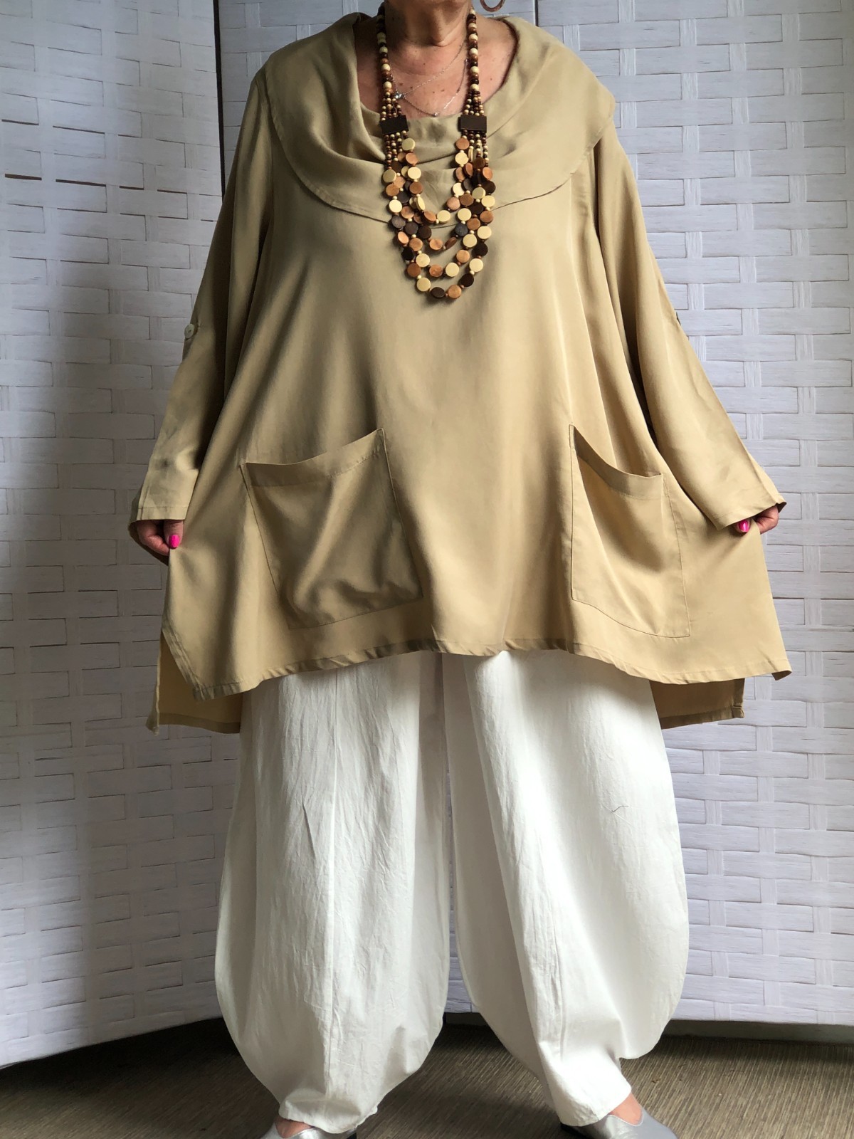 Beige Asymmetric Lyocell Cowl Tunic Top Necklace Artsy Lagenlook Boho OSFM