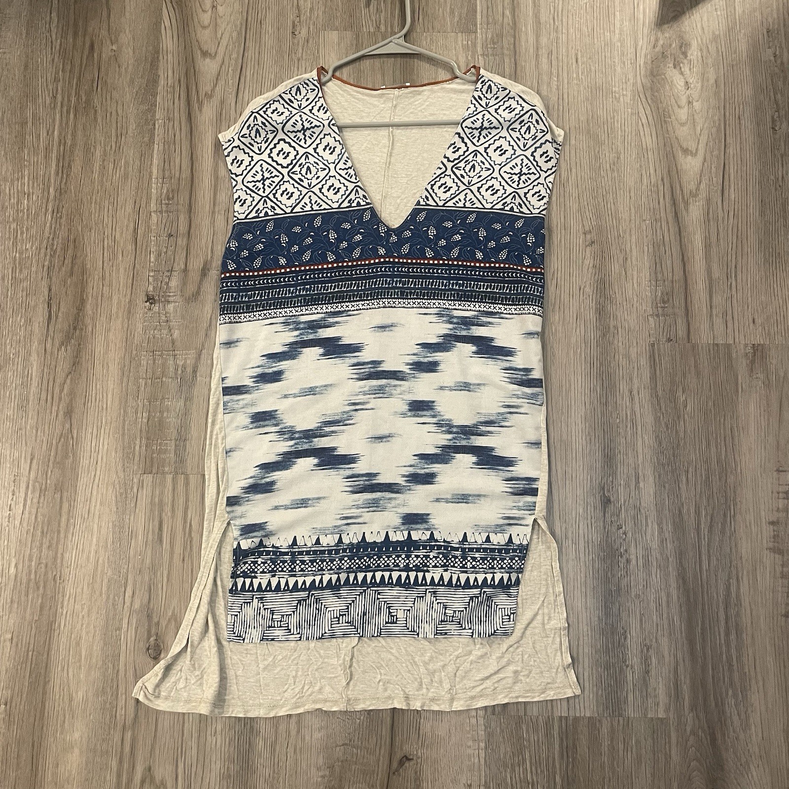 ZARA Women’s Asymmetrical Tunic Top Blue/Cream Boho Patterned U.S. Small