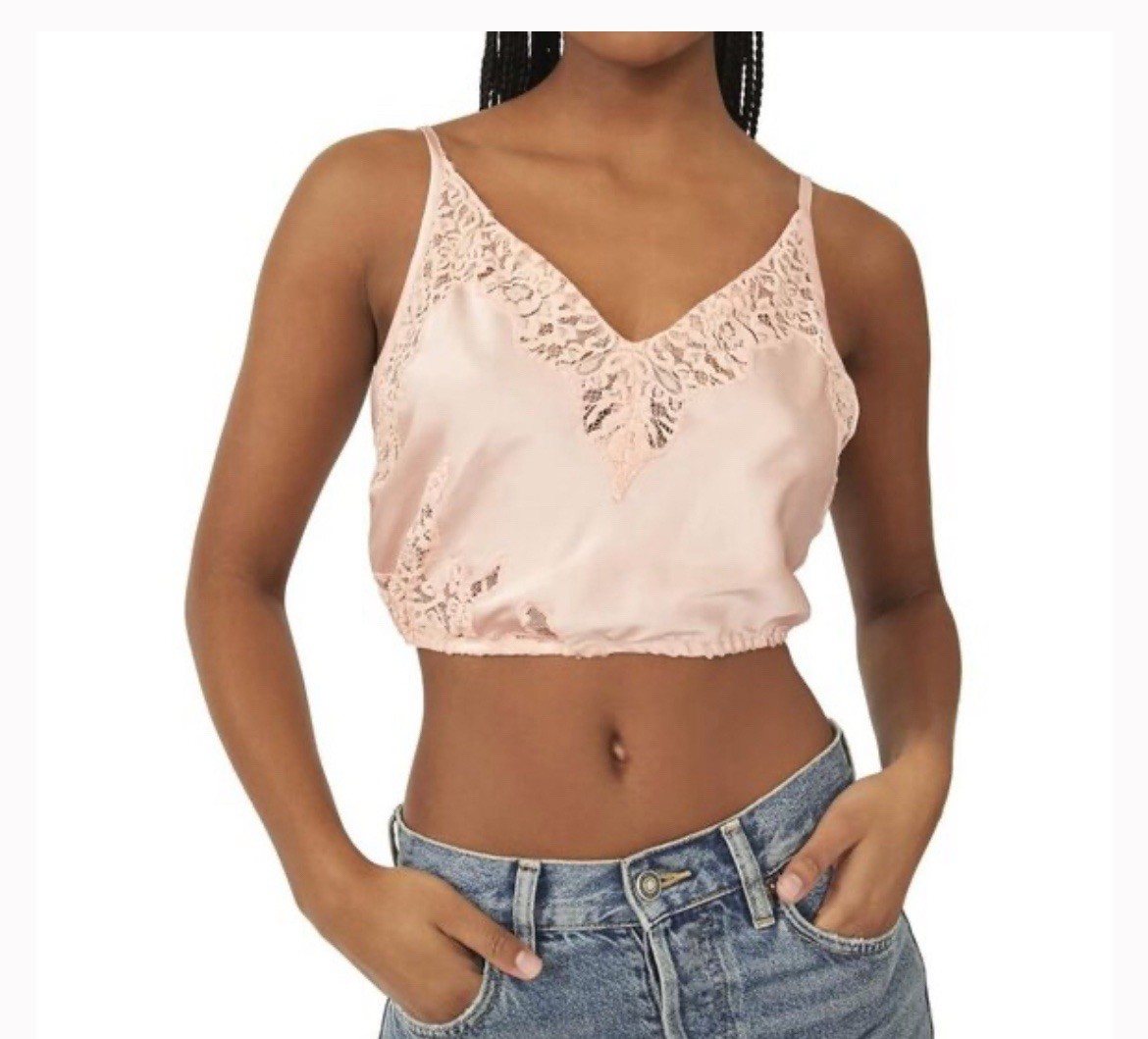 Intimately Free People Night Out Blouson Brami Lace Cami Cropped Top Pink Sz L