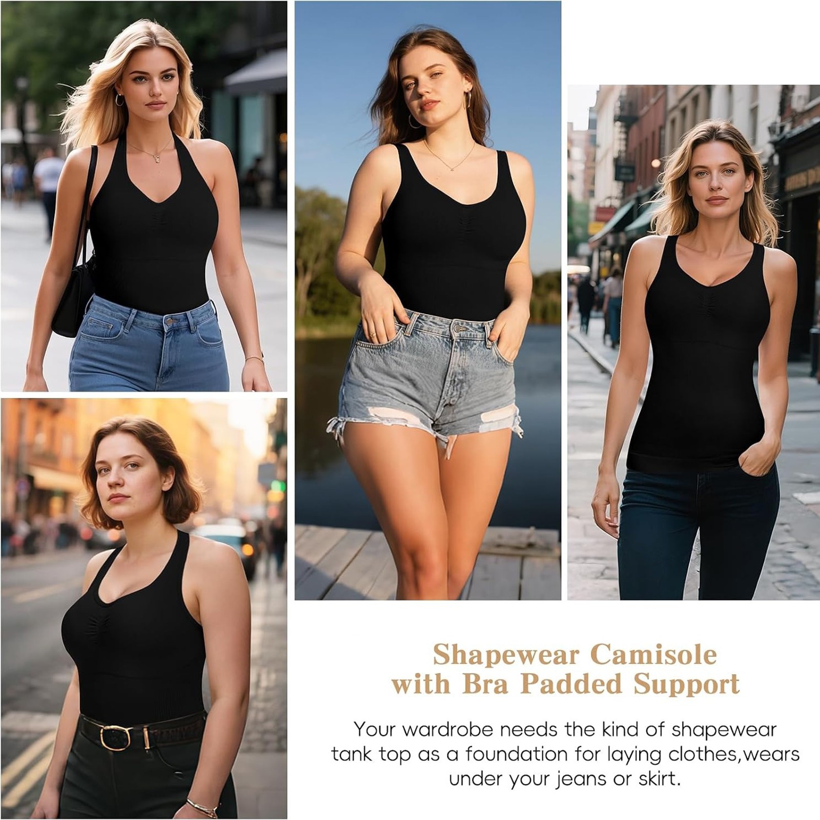 Women Shapewear Cami with Built in Bra Multi-way Strap Tummy Control Body Shaper