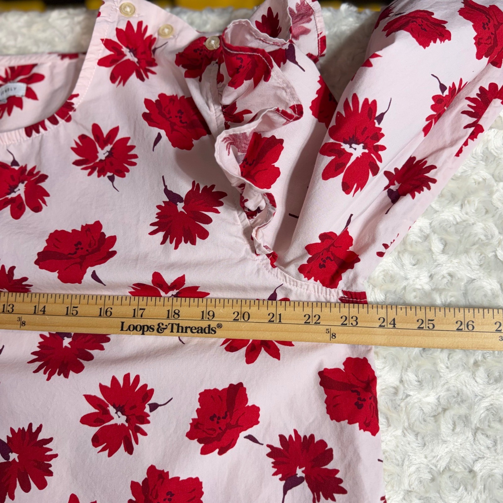 Free Assembly Womens XL Pink Red Floral Ruffle Shoulder Cotton Blouse Top