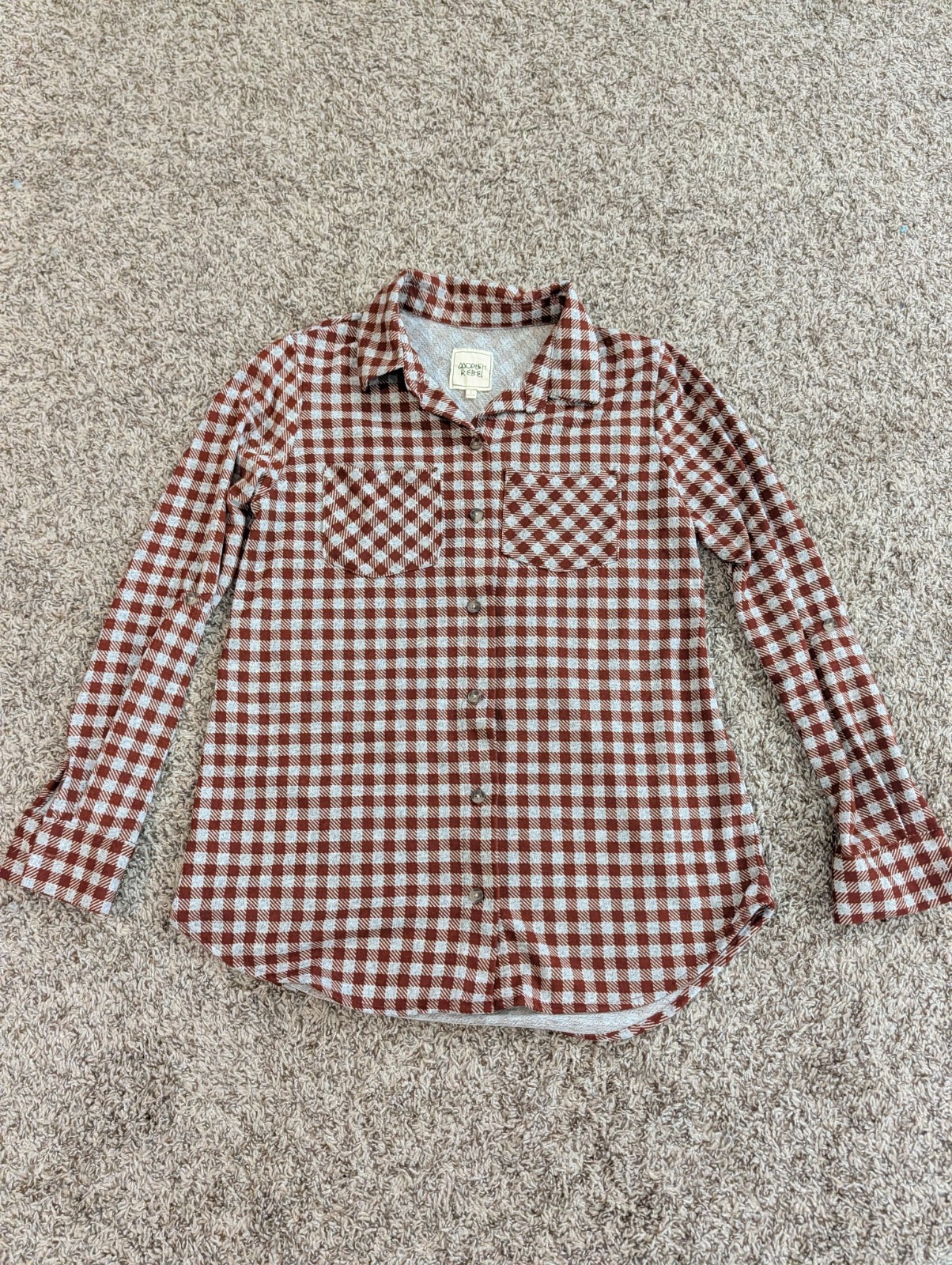 Mopish Rebel Women’s Brown/White Plaid Long Sleeve Point Collar Button-Up S