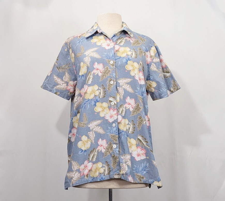 Vintage 90s Blouse Blue Hawaiian Tropical Floral Print Top Shirt Women’s Size M