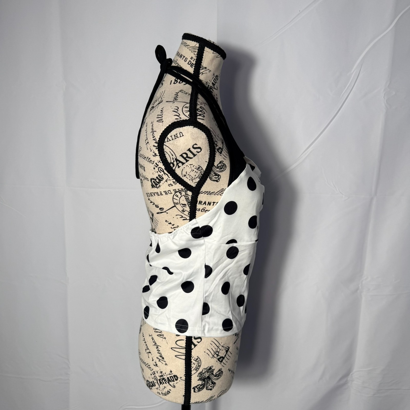 SHEIN Polka Dot Halter Crop Top White Black Ruched Bow Front Size Large NWT Boho