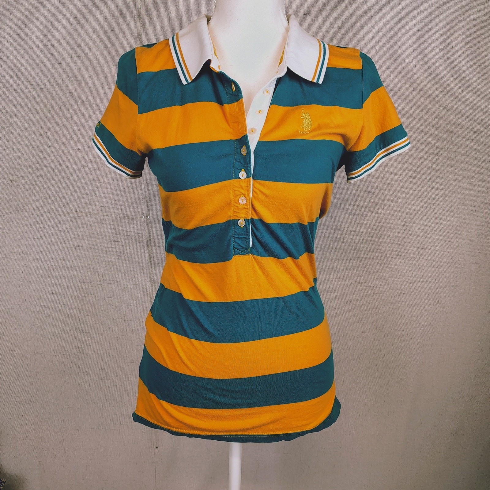 U.S. Polo Assn Womens M Striped Polo Shirt Teal Gold Rugby Preppy 100% Cotton