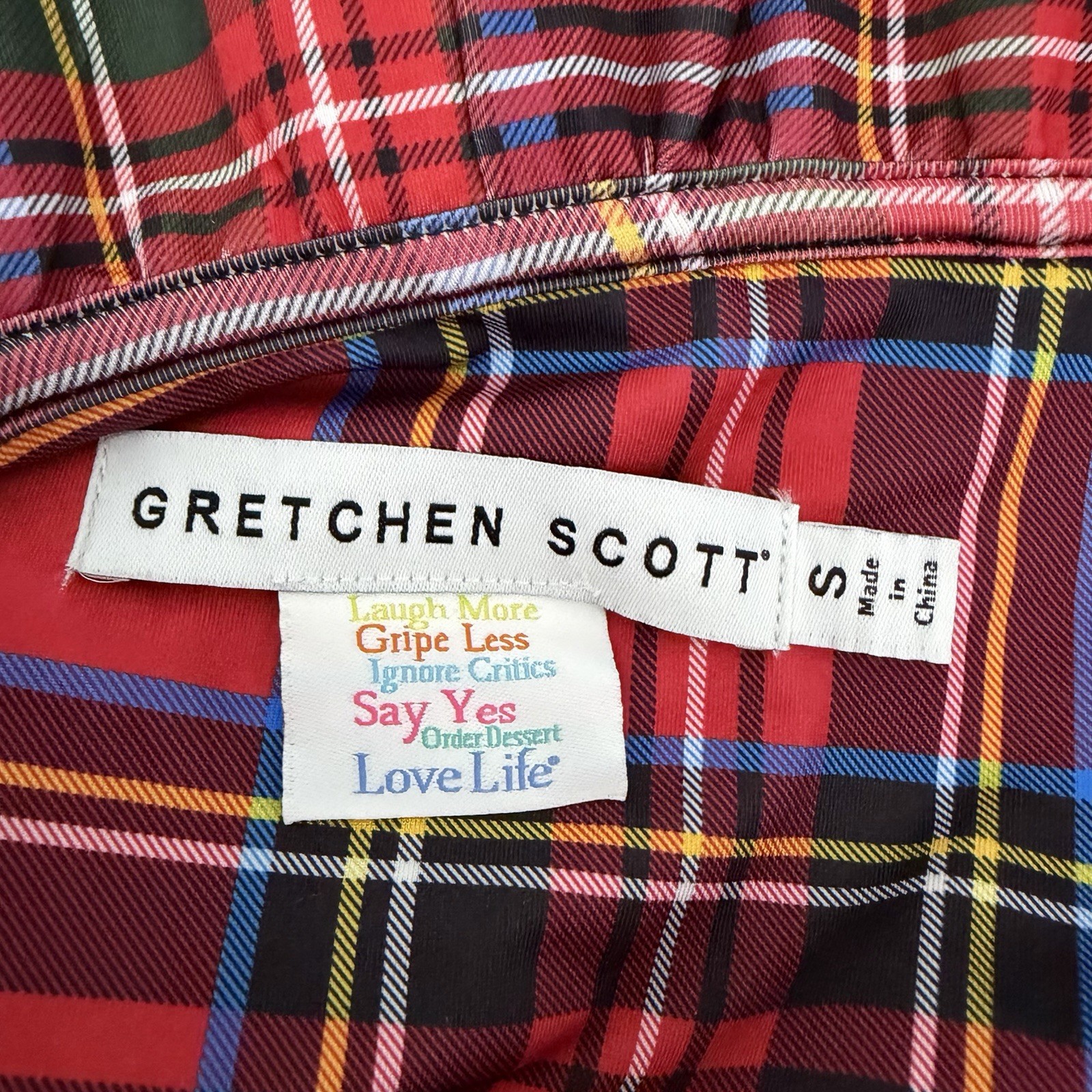 Gretchen Scott Tartan Plaid Stand Up Ruffle Neck Blouse Size S Red Holiday