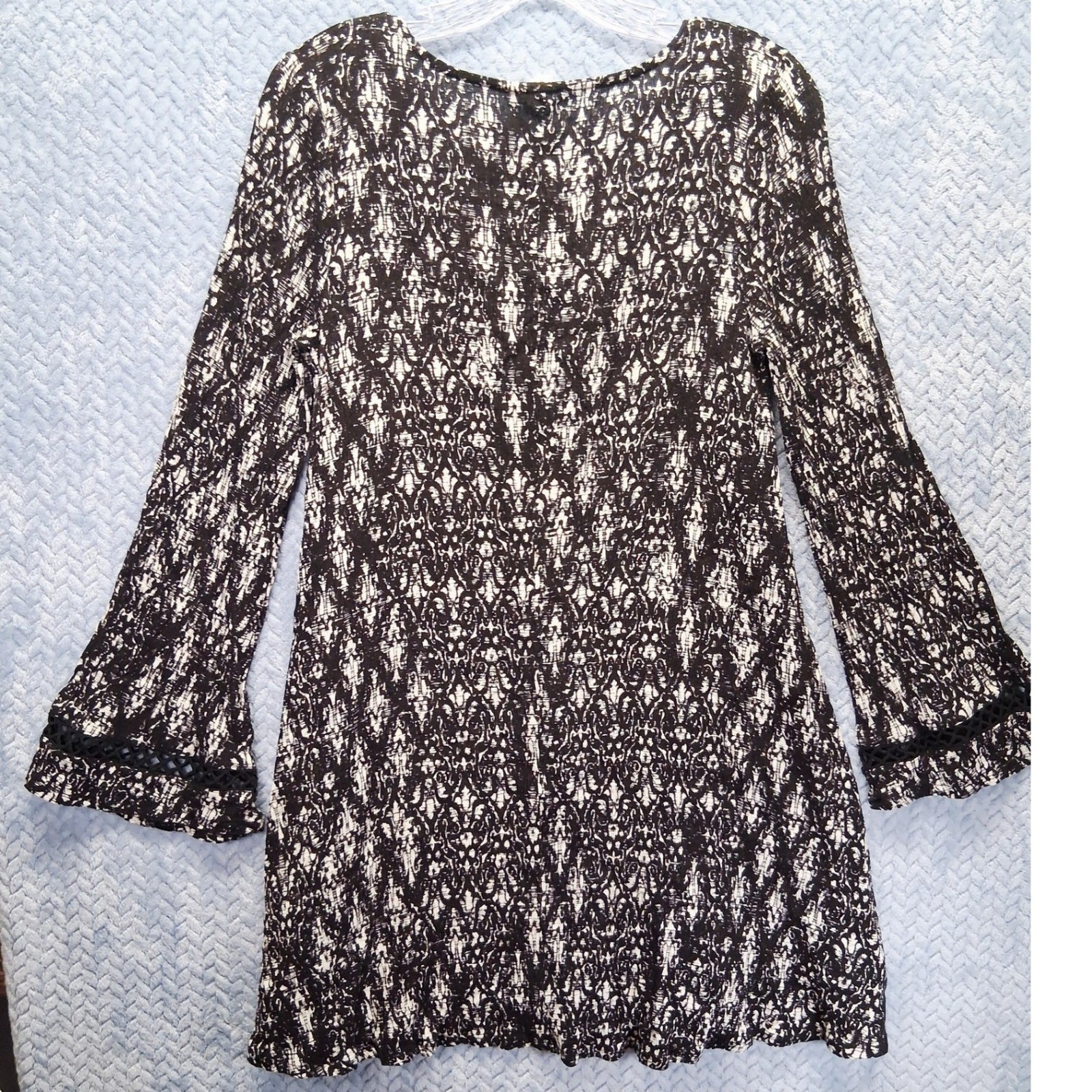 Others Follow Black White Damask Print Boho Tunic Top Crochet Lace Small