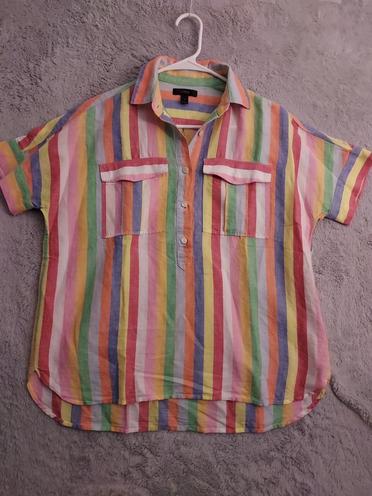 J Crew Popover Shirt Women Size O Linen Cotton Ramie Blend Colorful Beach Pocket