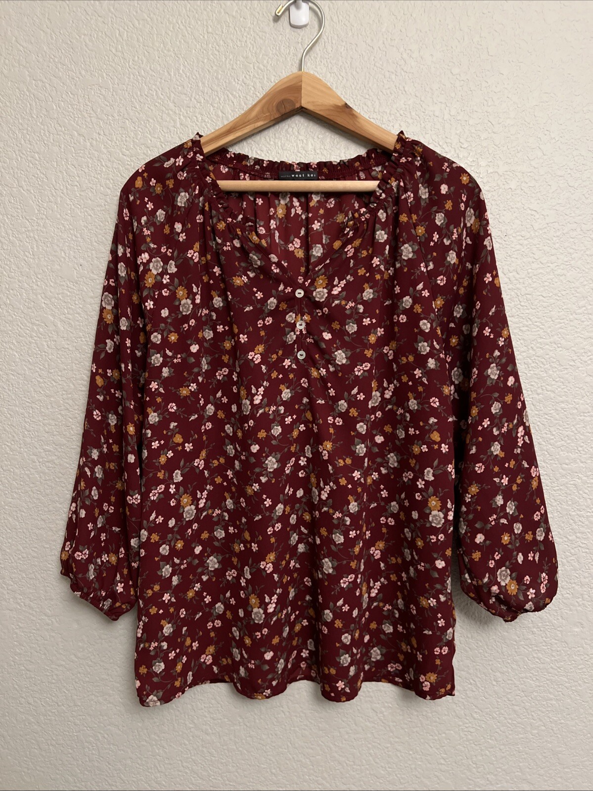 West Kei Top Popover Wine Floral Romantic Cottage Boho Minimalist Quiet Luxury M
