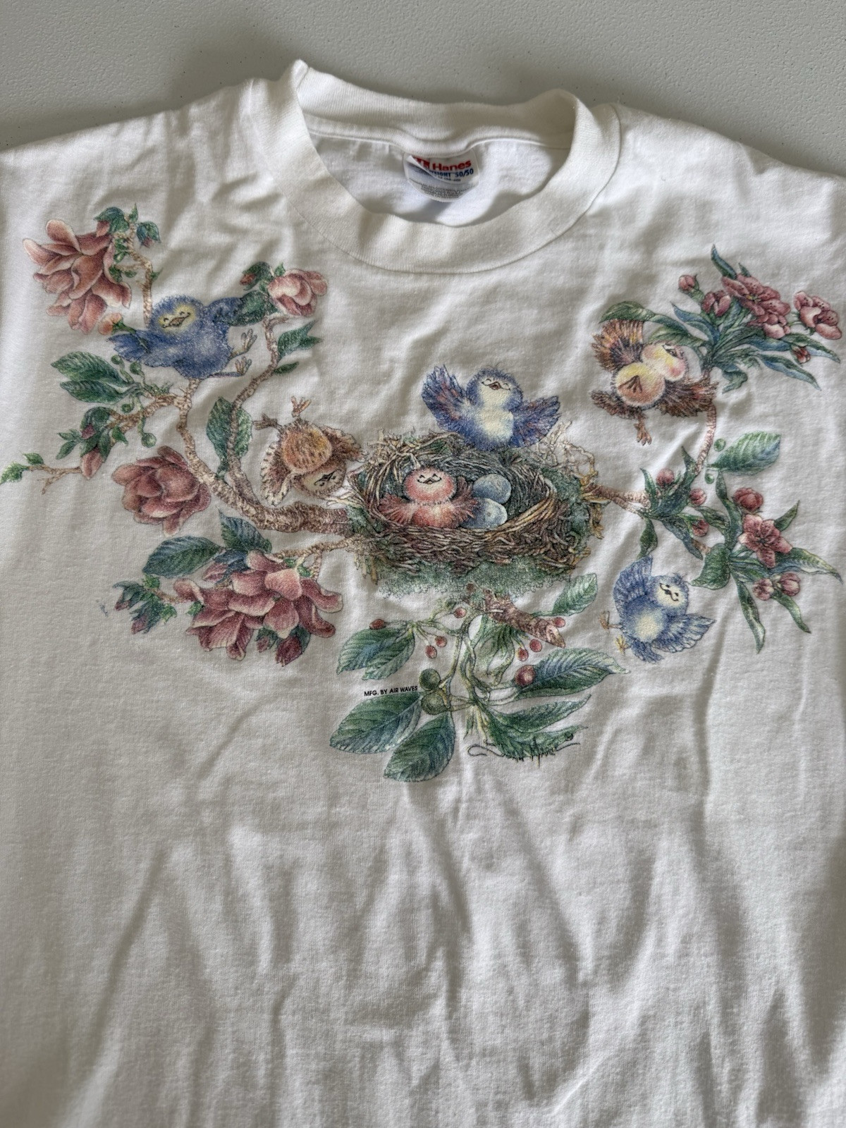 Vintage 90s Hanes Cottagecore Floral Flower Garden Retro Tee Birds Nest Medium