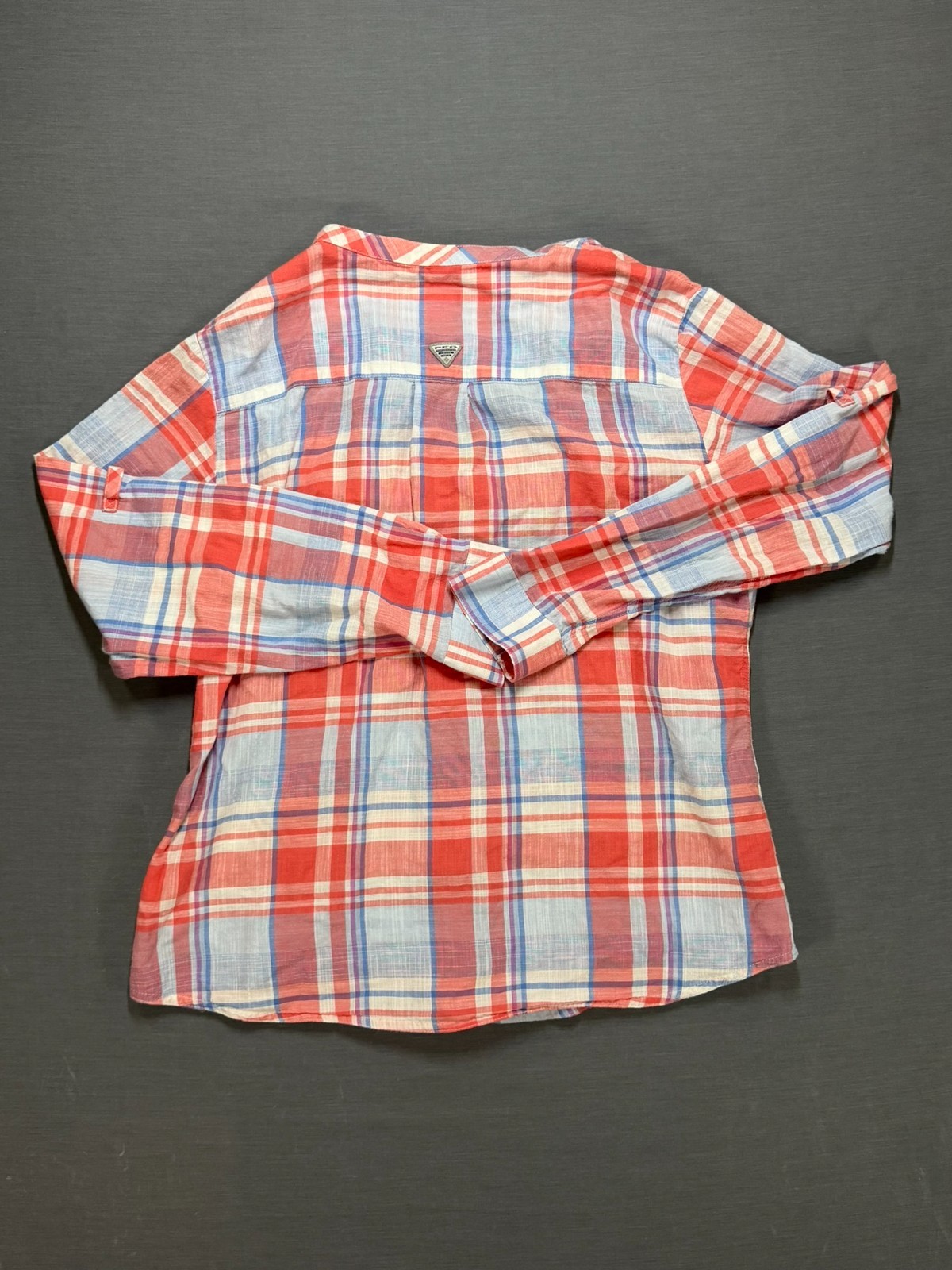 Columbia PFG Women’s XL Red Blue Plaid Roll Tab Fishing Shirt 100% Cotton
