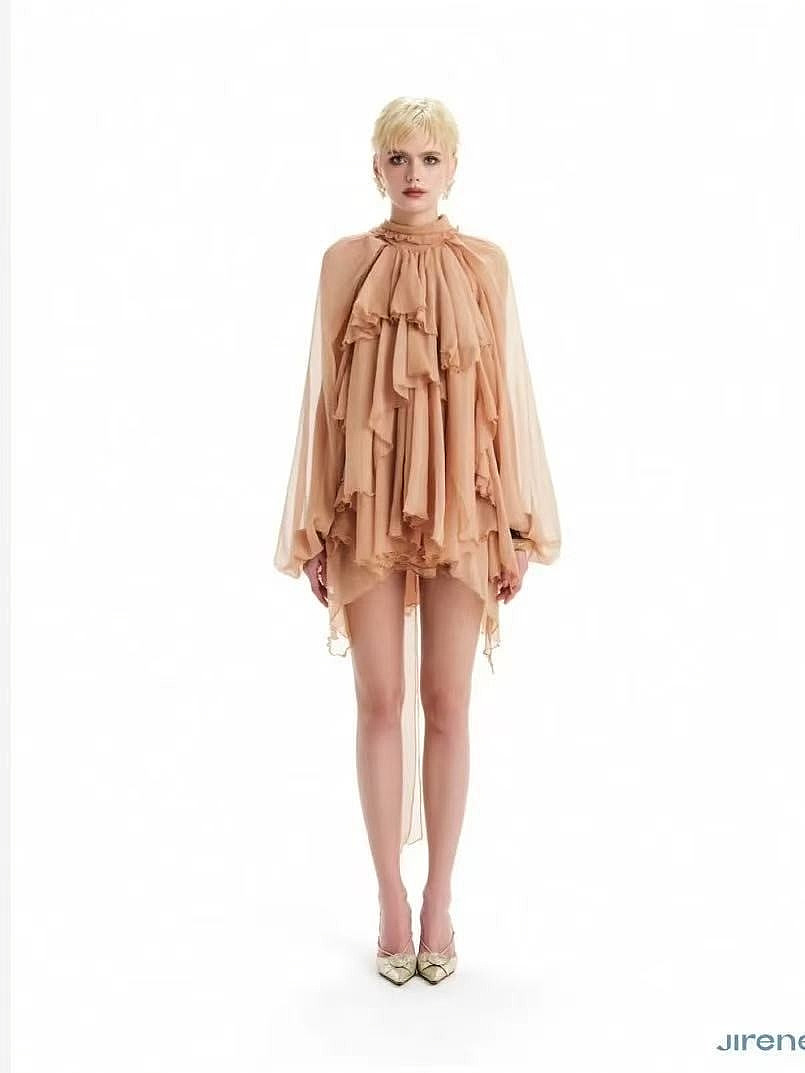 Jirene Niche Design French Multi-Layered Ruffle Sexy Backless Long-Sleeve