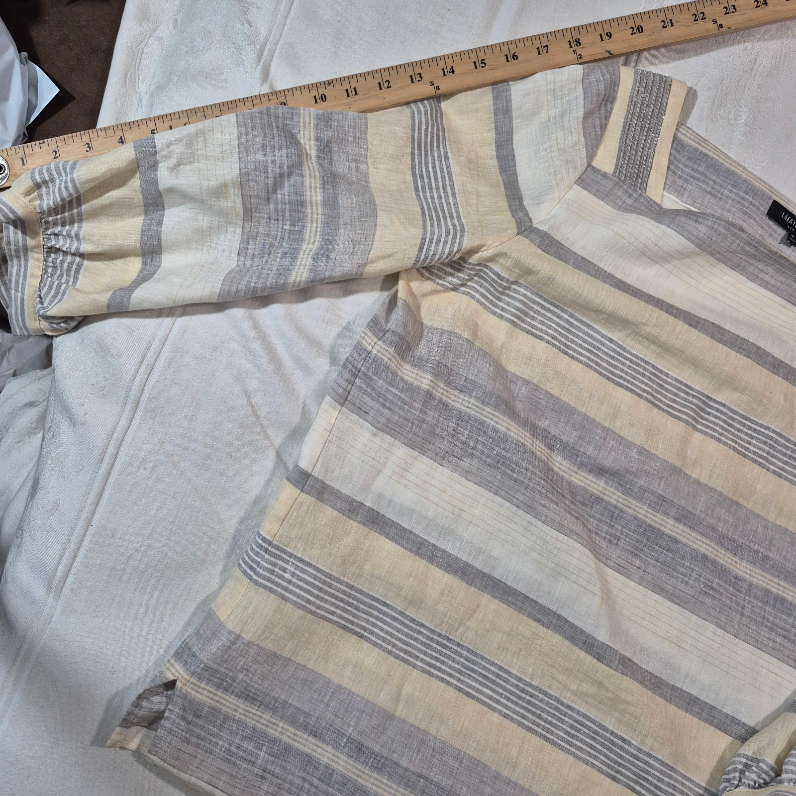 Lafayette 148 New York Harper Linen Striped Top with Metallic Accent MEDIUM