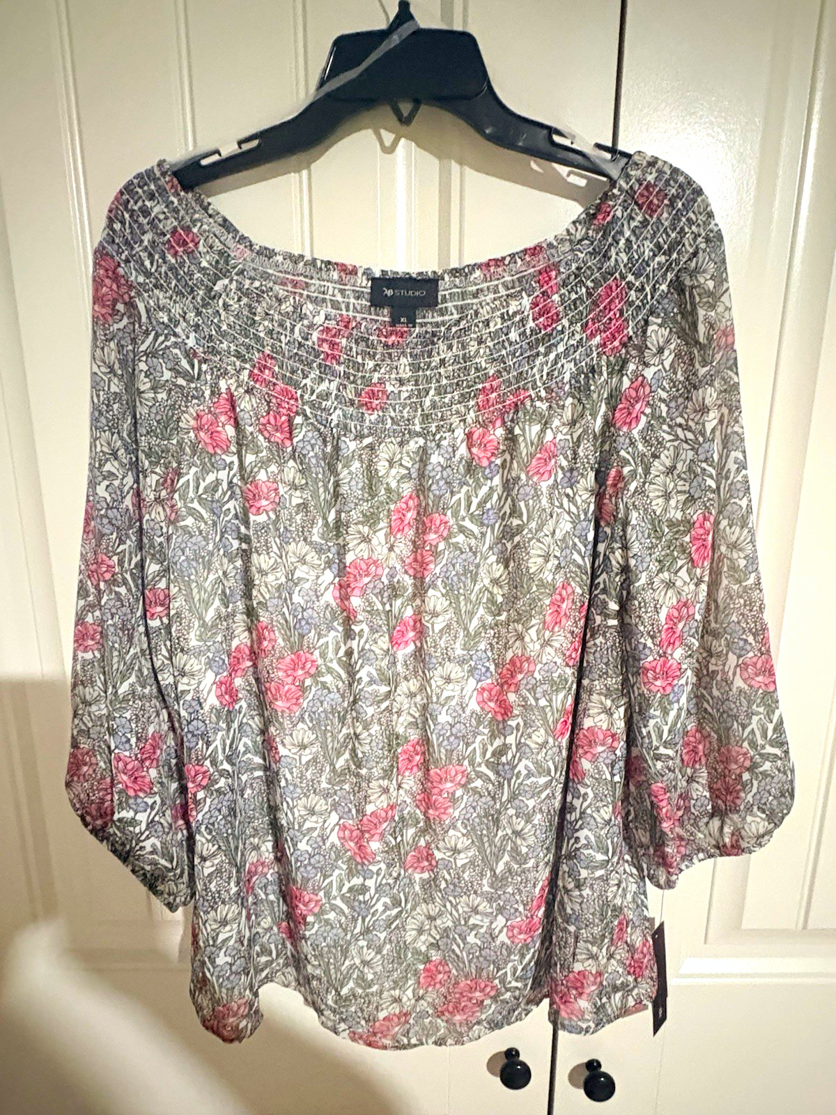 AB Studio Women’s Off-Shoulder Smocked Floral Peasant Blouse 3/4 Sleeve XL