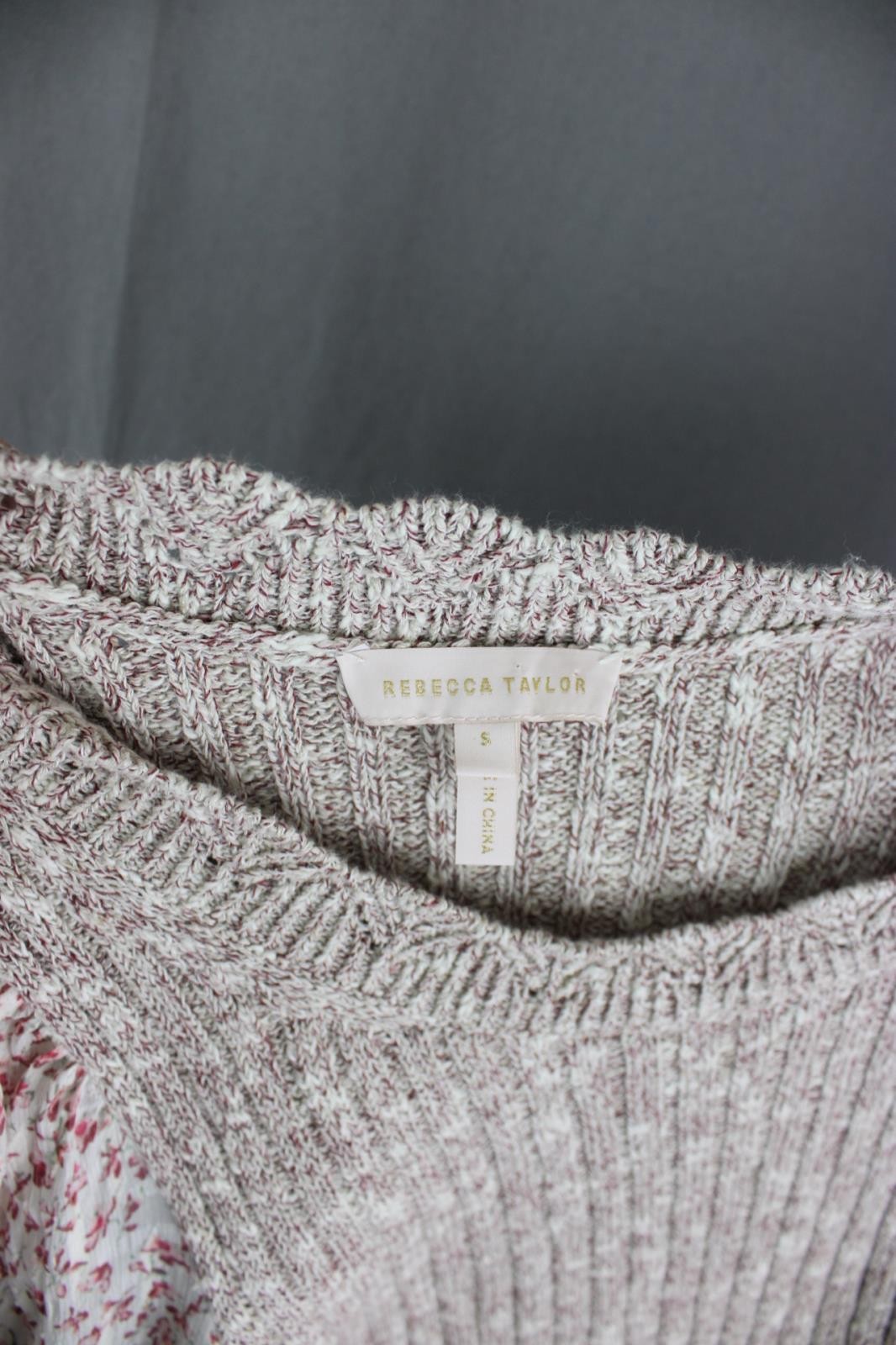 Rebecca Taylor Women’s Beige Pink Print Cotton Blend 3/4 Sleeve Knit Top Small