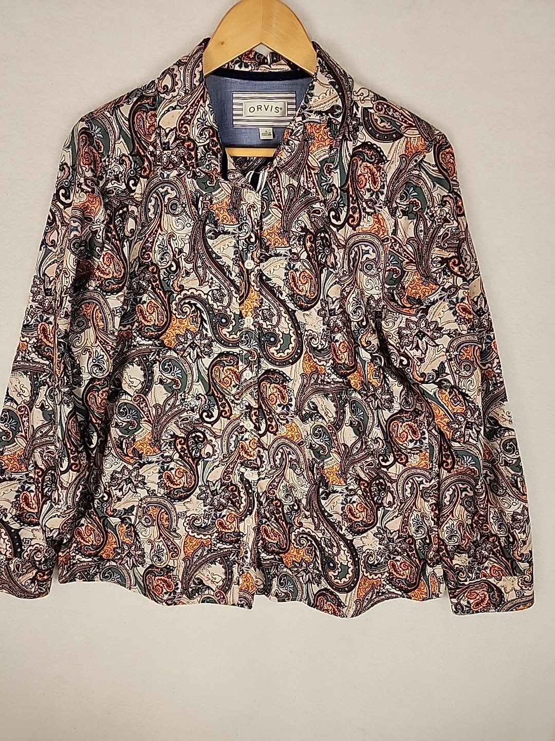 Orvis Shirt Top Khaki Green Rust Black Paisley Button Up Long Sleeve Cotton 16
